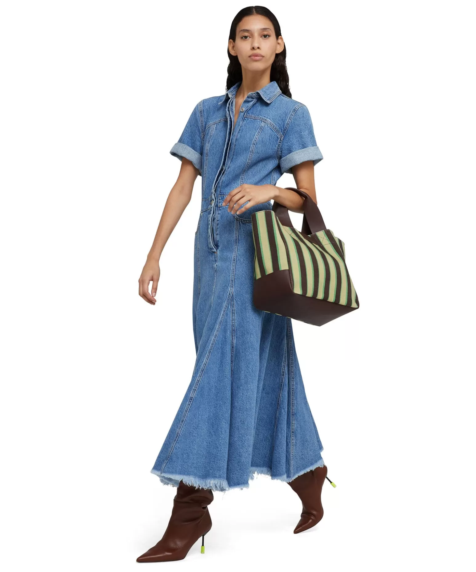 Donna MSGM Abito Midi Di Jeans Con Maniche Corte E Gonna A Ruota