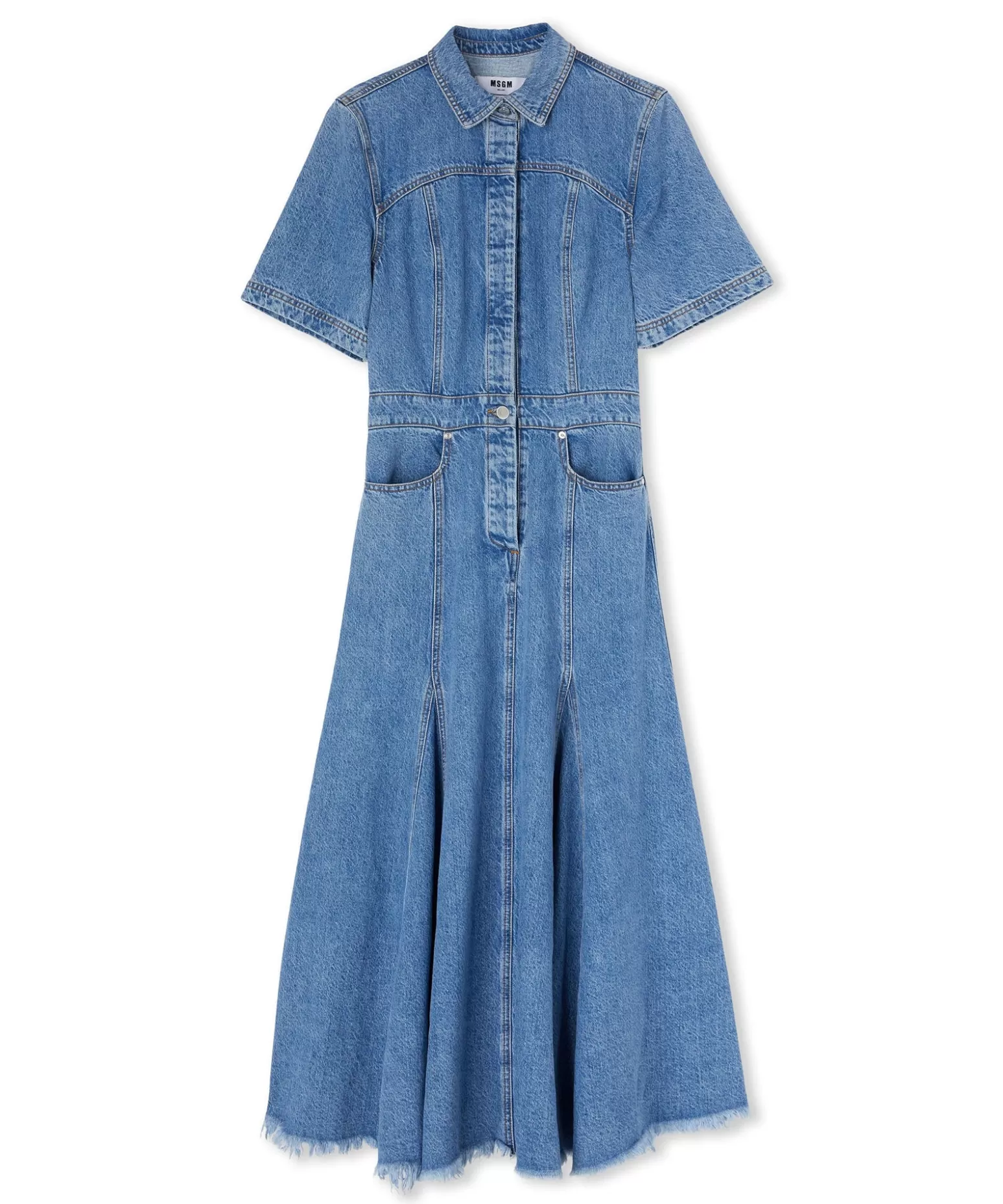 Donna MSGM Abito Midi Di Jeans Con Maniche Corte E Gonna A Ruota