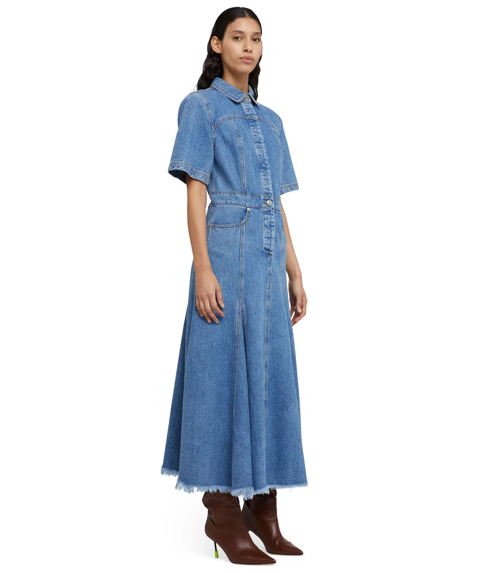 Donna MSGM Abito Midi Di Jeans Con Maniche Corte E Gonna A Ruota