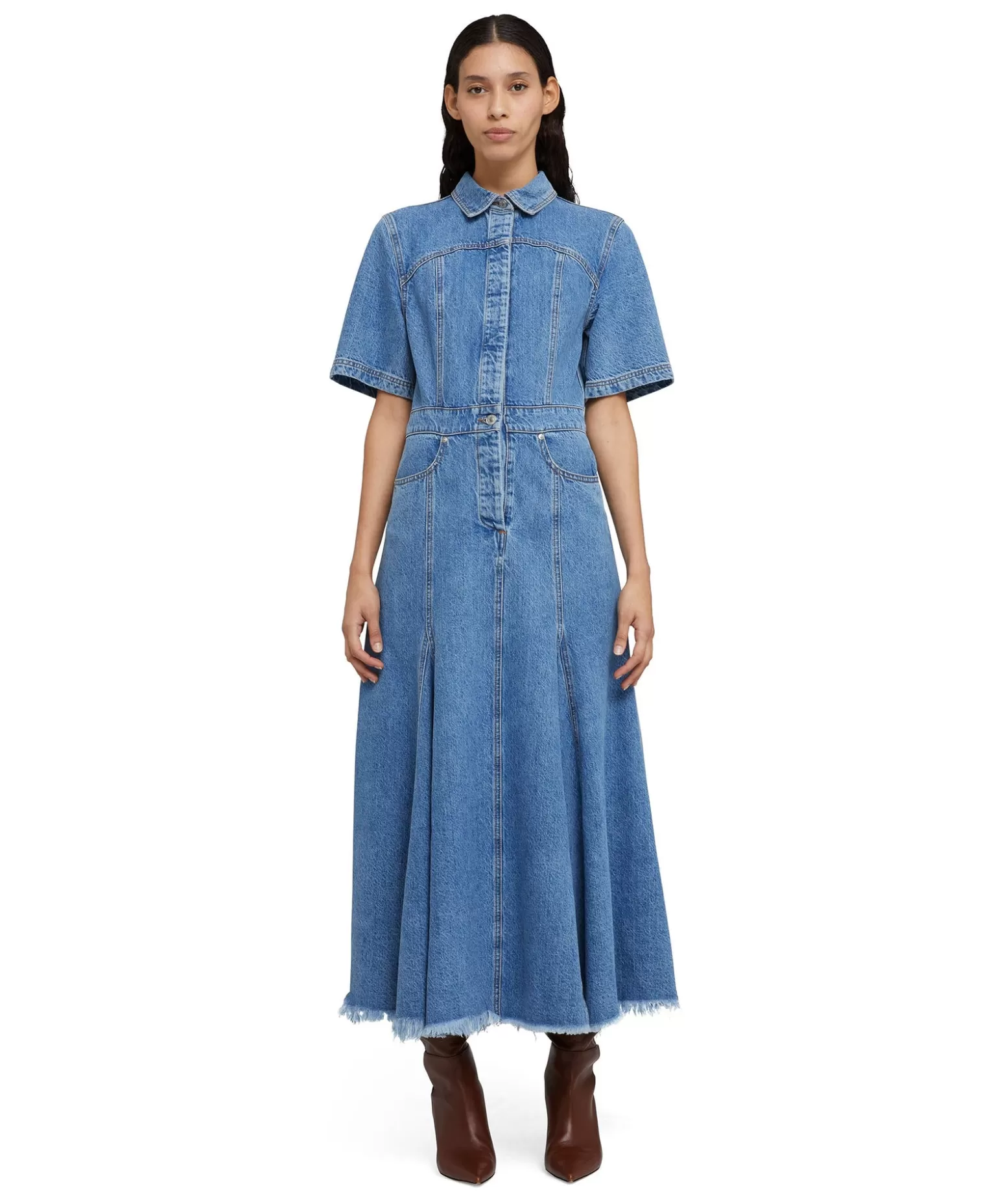 Donna MSGM Abito Midi Di Jeans Con Maniche Corte E Gonna A Ruota