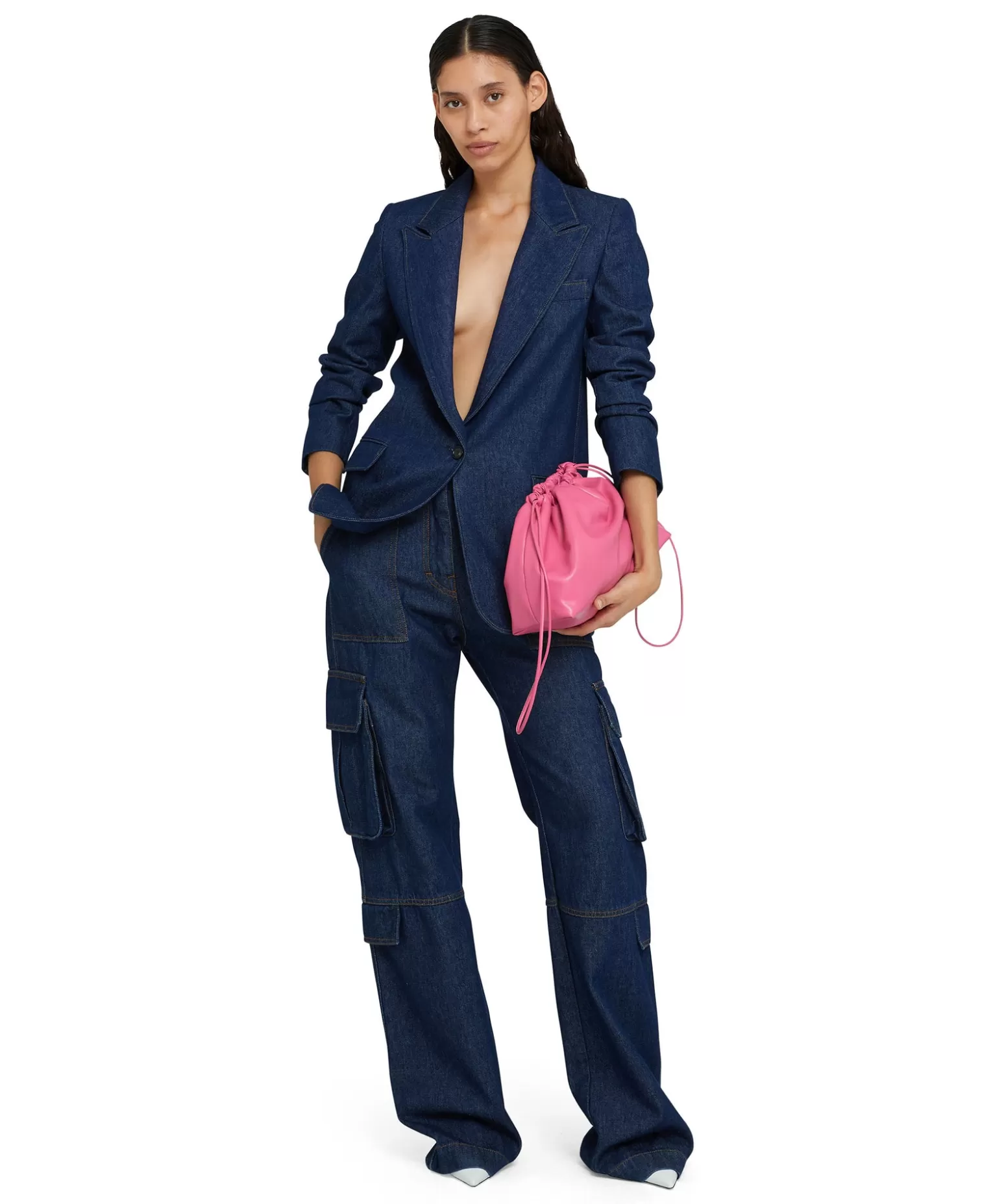 Donna MSGM Blazer Monopetto In Denim Con Cuciture A Contrasto