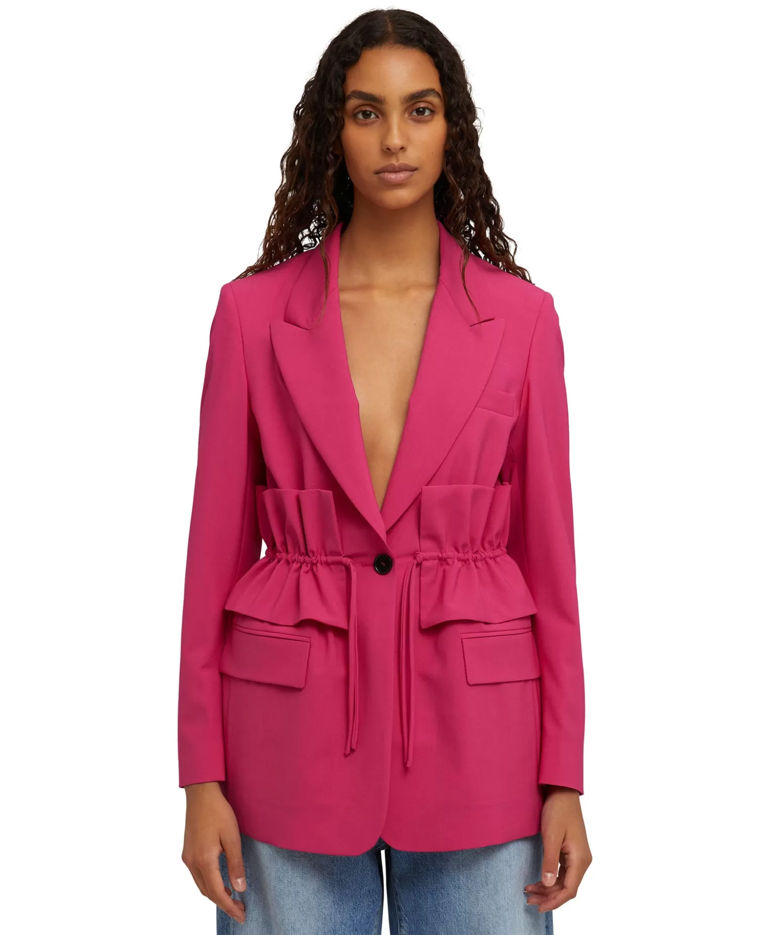 Donna MSGM Blazer Monopetto In Fresco Lana Con Collo A Rever E Rouches In Vita