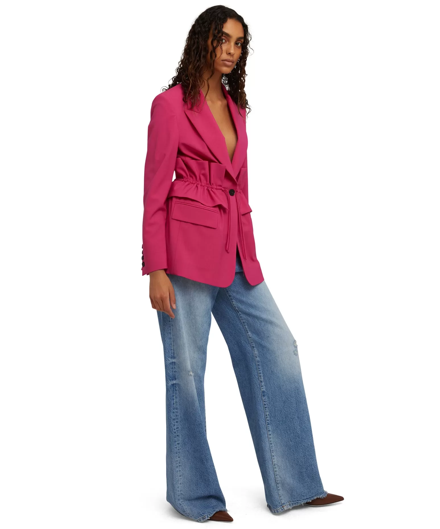 Donna MSGM Blazer Monopetto In Fresco Lana Con Collo A Rever E Rouches In Vita