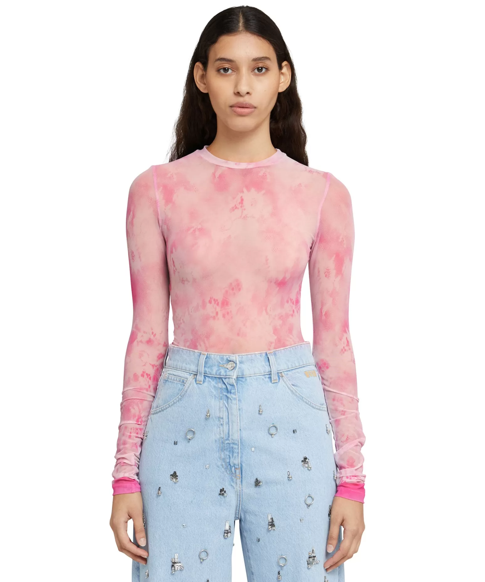 Donna MSGM Blusa Girocollo In Mesh Con Stampa "Trompe L'Oleil Lace"