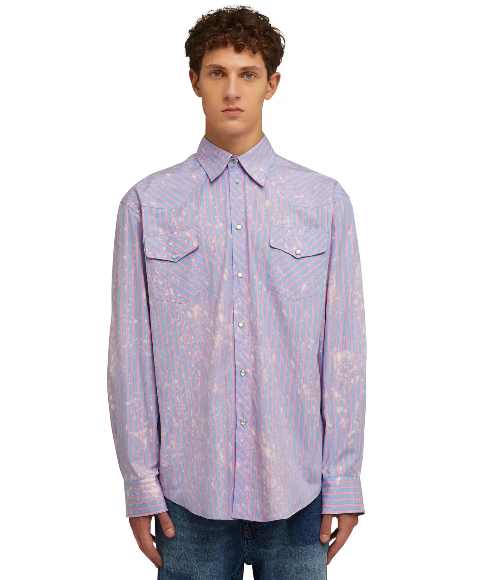 Uomo MSGM Camicia A Righe In Cotone Organico Popeline Con Lavaggio Bleached