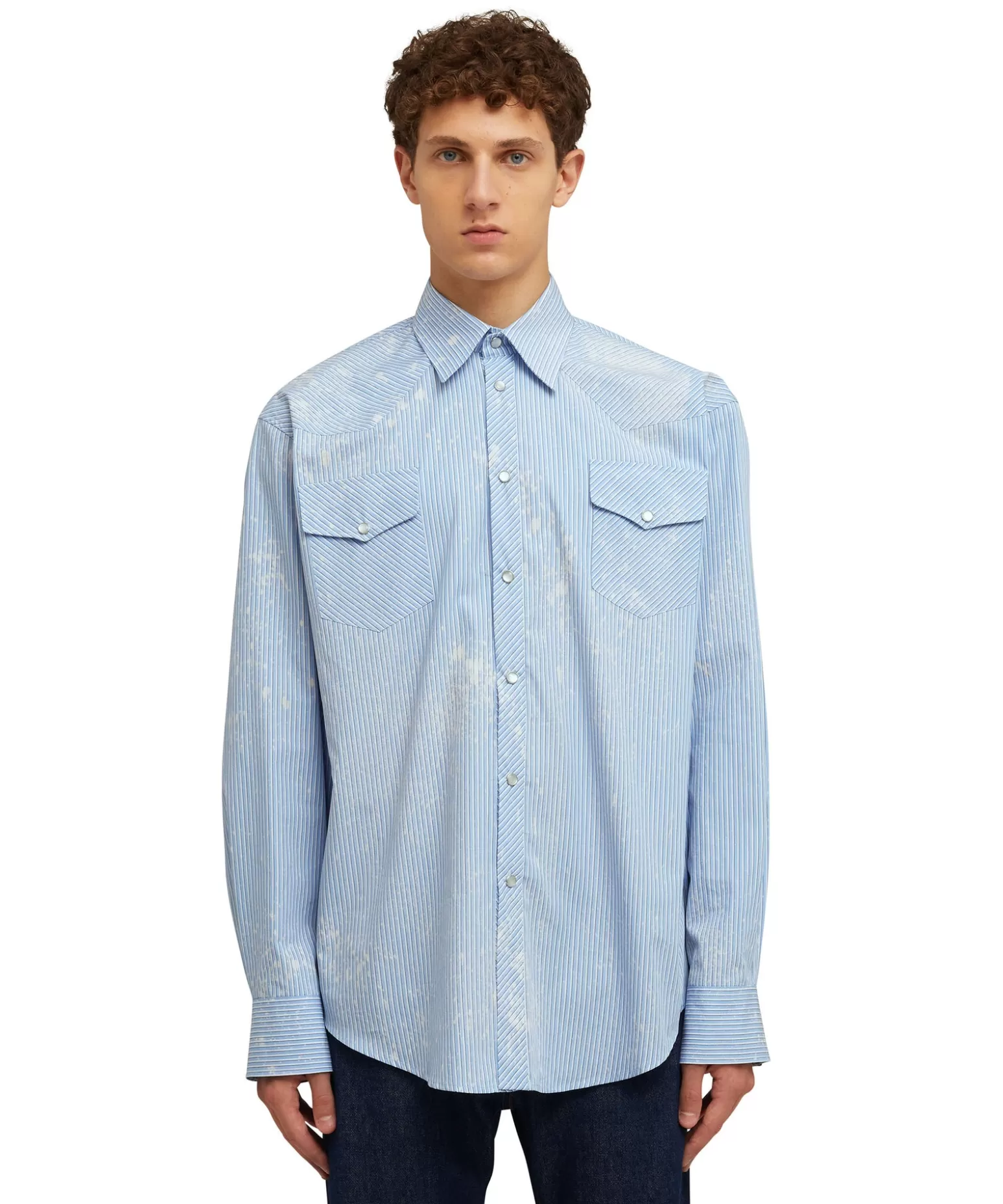 Uomo MSGM Camicia A Righe In Cotone Organico Popeline Con Lavaggio Bleached