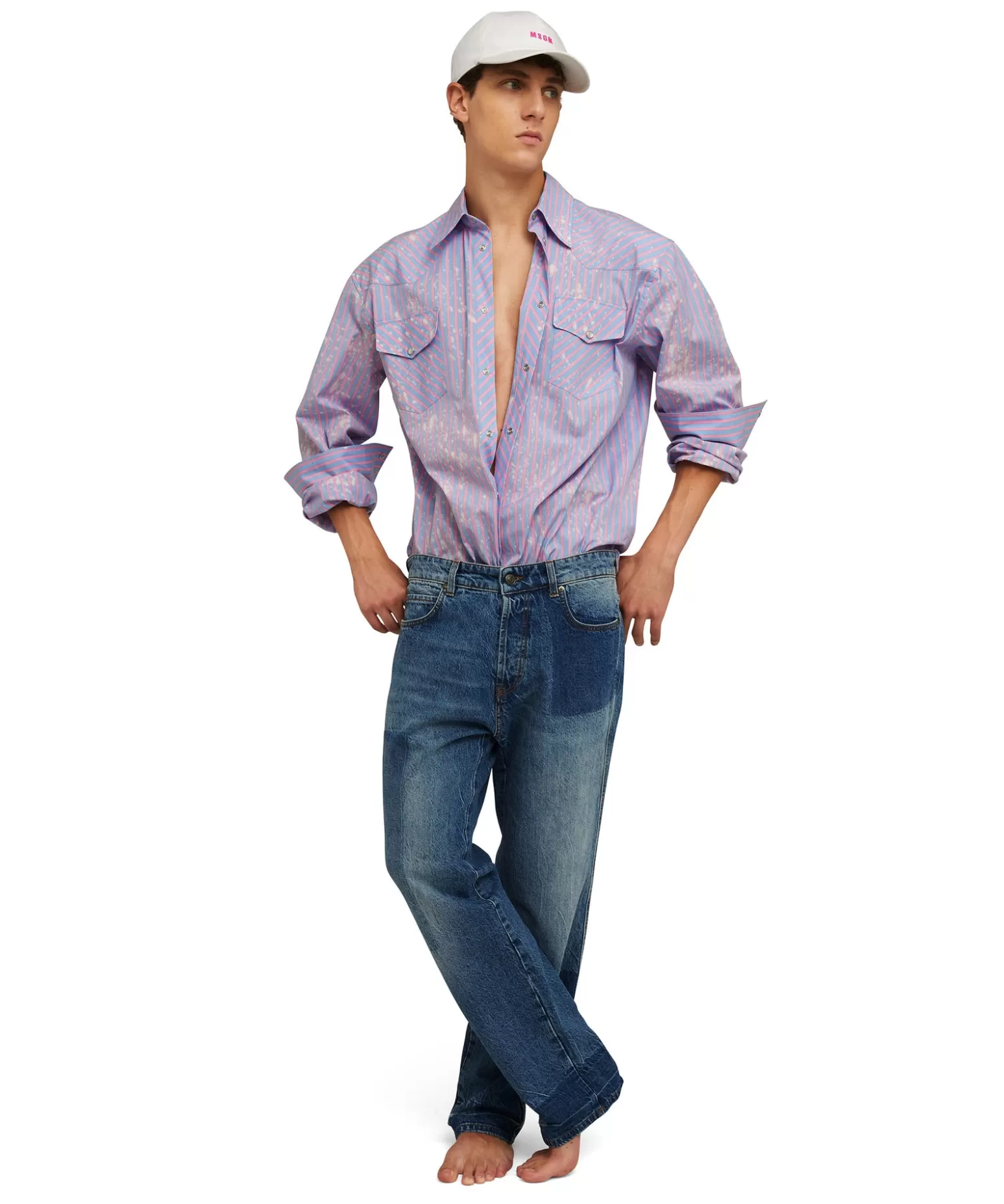 Uomo MSGM Camicia A Righe In Cotone Organico Popeline Con Lavaggio Bleached