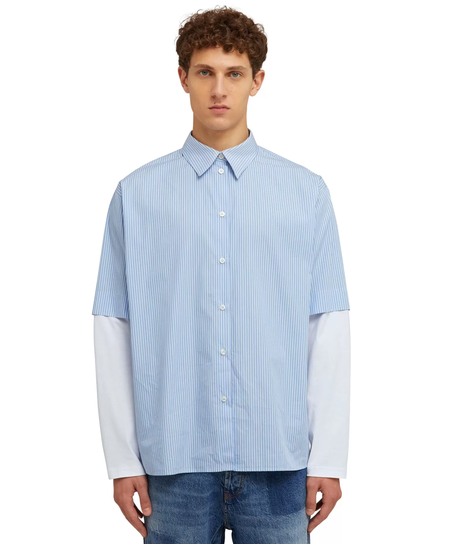 Uomo MSGM Camicia Bacchettata In Cotone Popeline Con Maniche Maglietta Incorporate