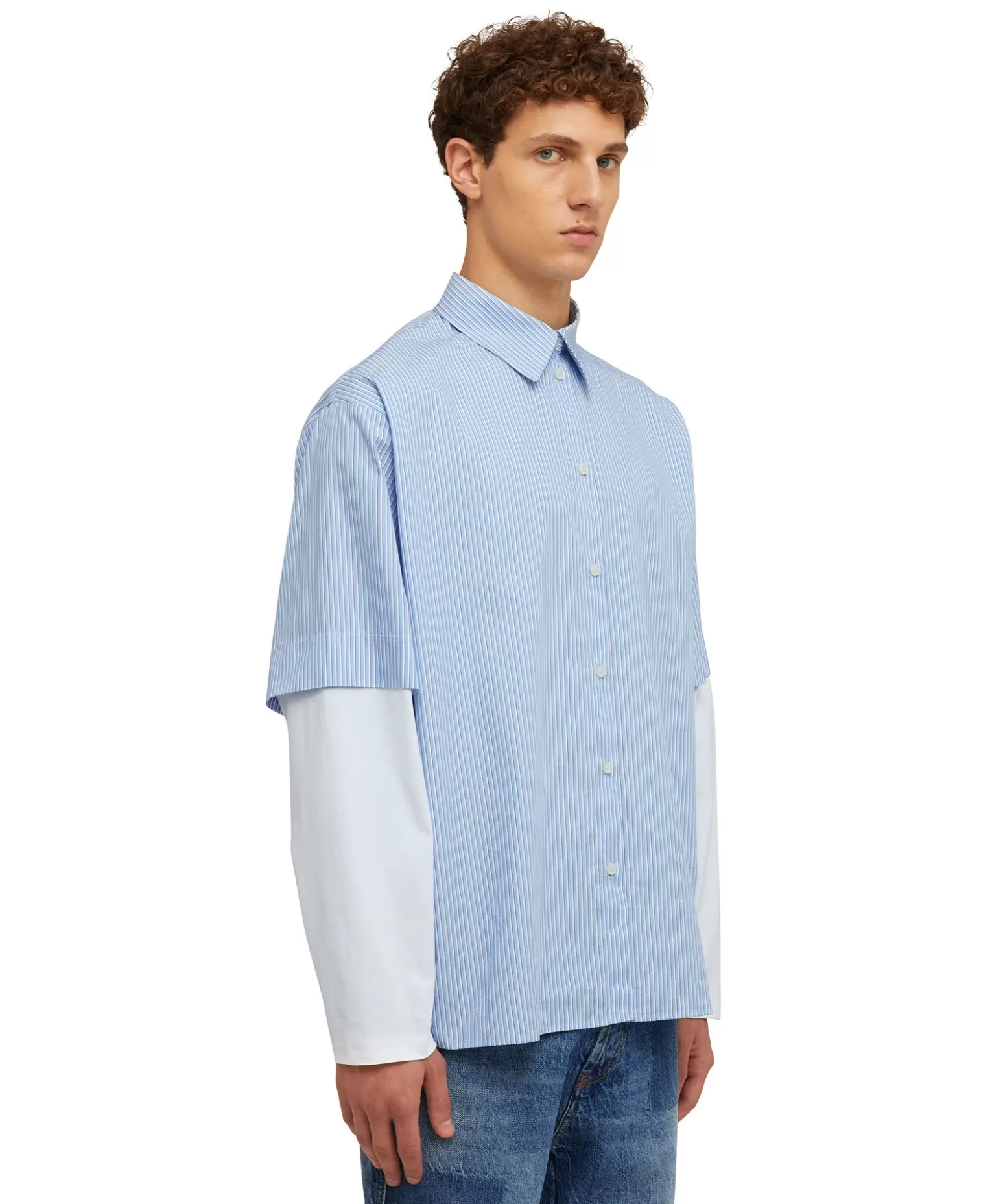 Uomo MSGM Camicia Bacchettata In Cotone Popeline Con Maniche Maglietta Incorporate
