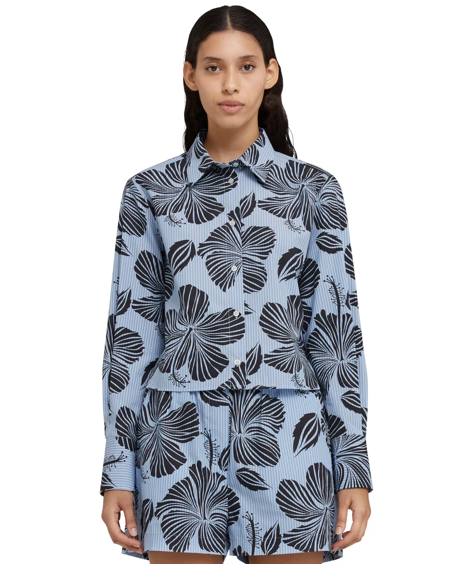 Donna MSGM Camicia Crop In Cotone Popeline Sartoriale Con Stampa "Hibiscus"