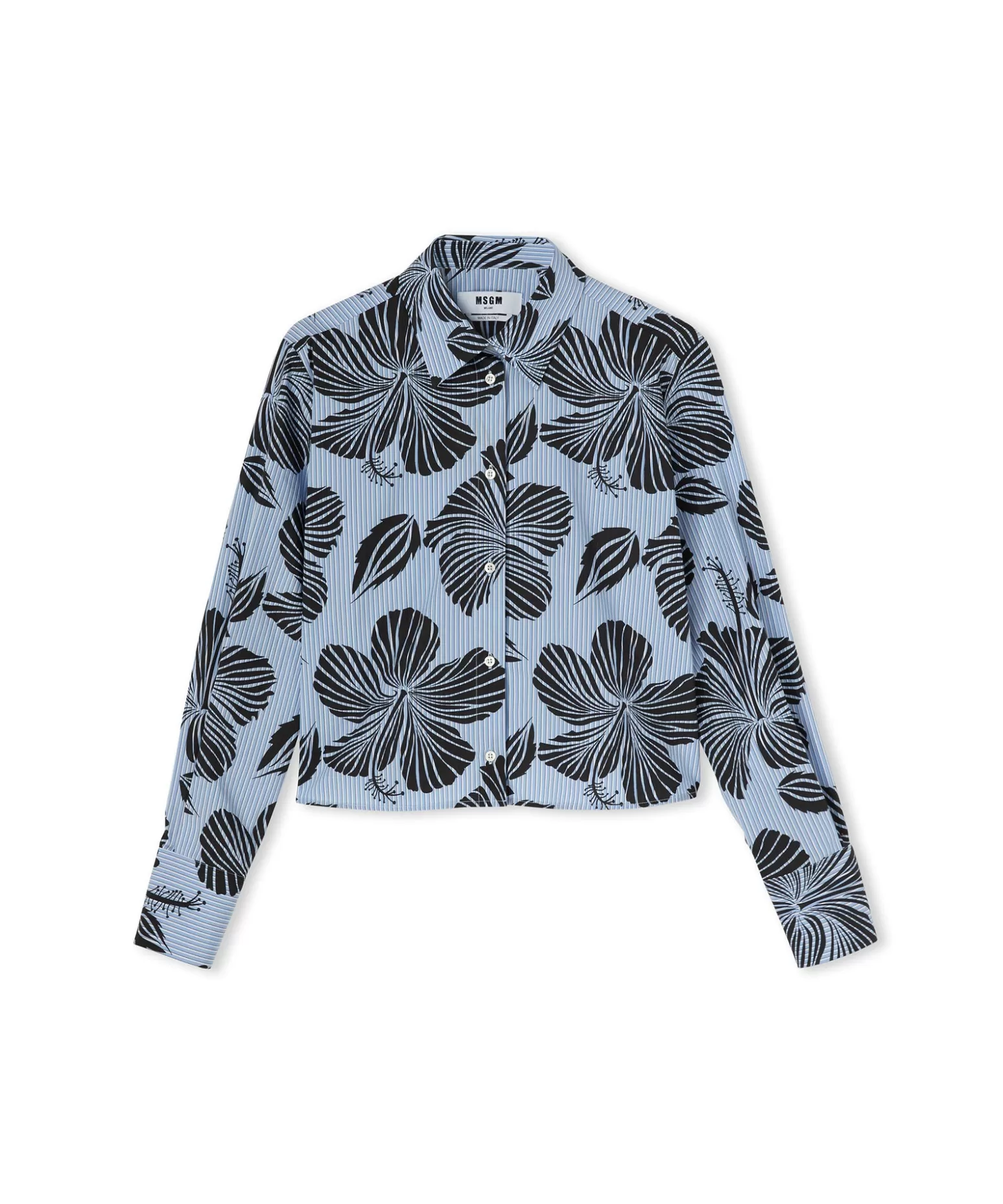 Donna MSGM Camicia Crop In Cotone Popeline Sartoriale Con Stampa "Hibiscus"