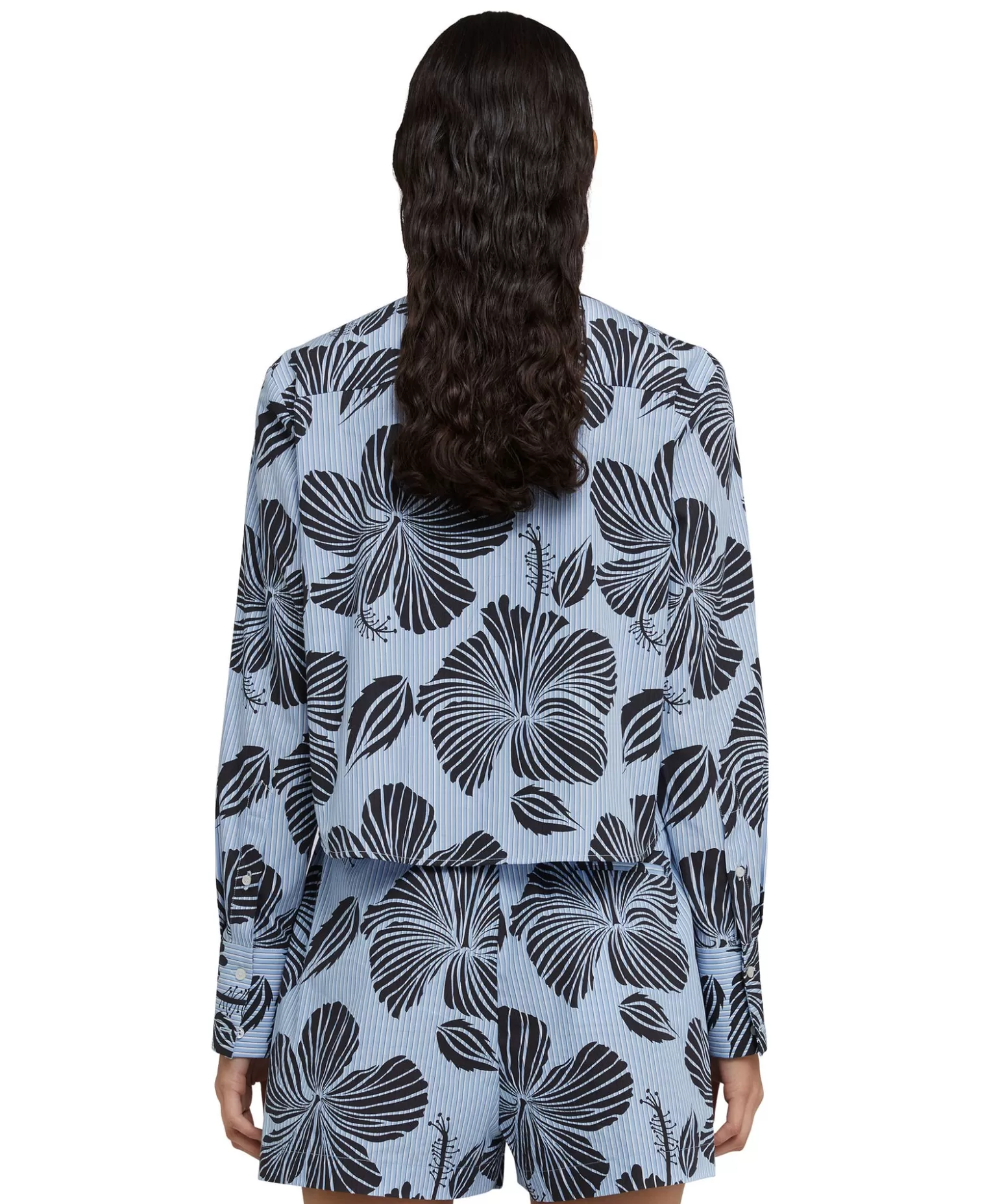 Donna MSGM Camicia Crop In Cotone Popeline Sartoriale Con Stampa "Hibiscus"