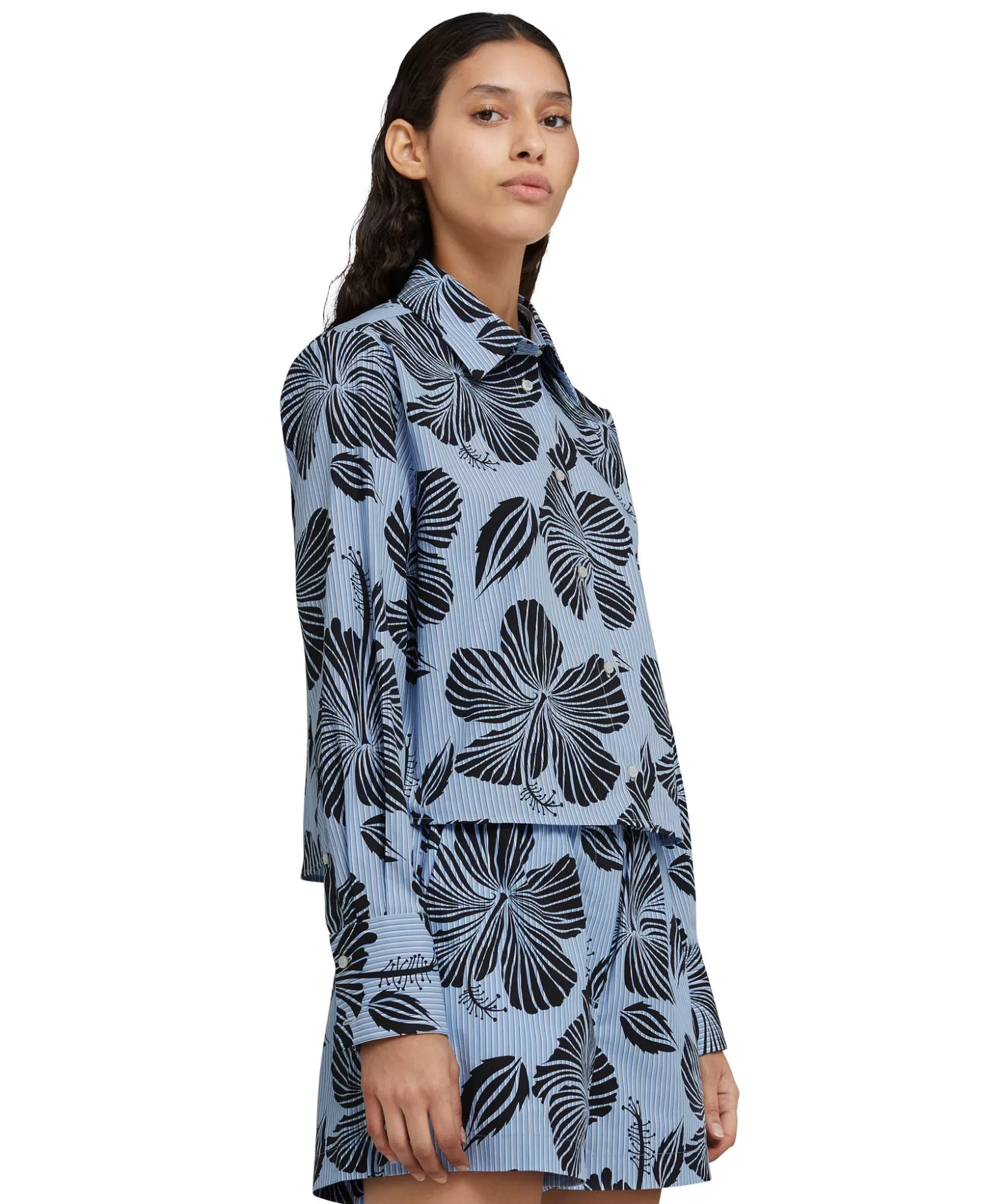 Donna MSGM Camicia Crop In Cotone Popeline Sartoriale Con Stampa "Hibiscus"