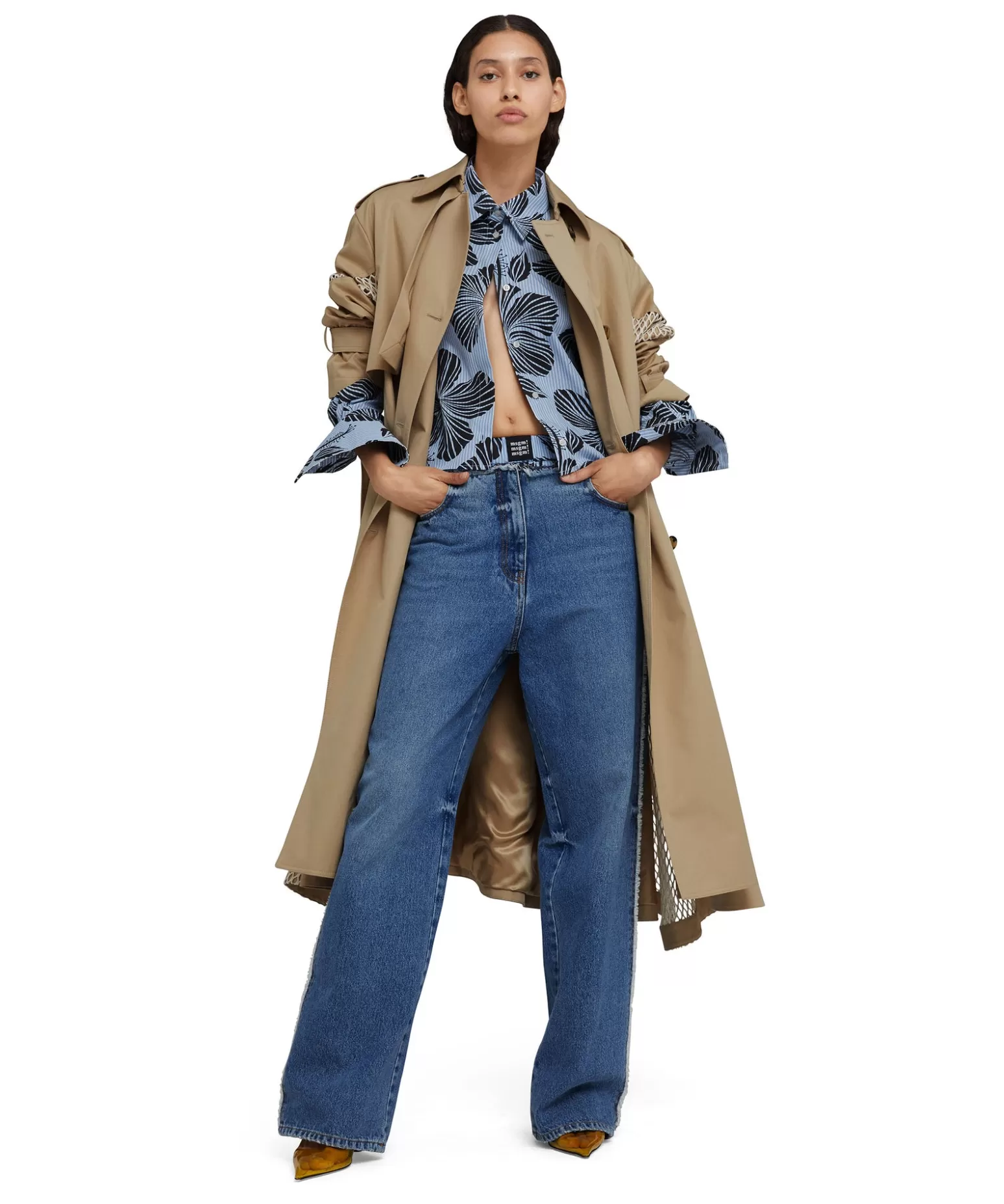 Donna MSGM Camicia Crop In Cotone Popeline Sartoriale Con Stampa "Hibiscus"