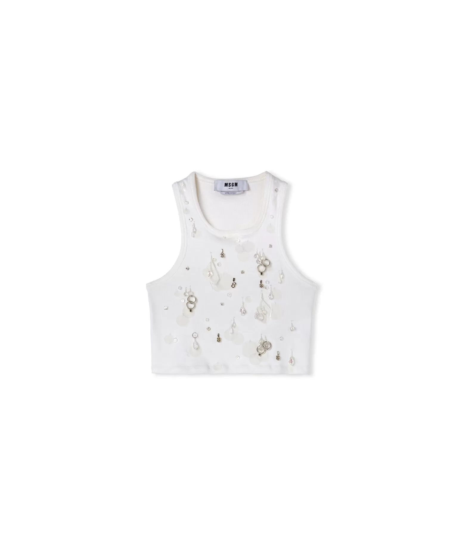 Donna MSGM Canotta Crop In Cotone Con Dettagli Gioiello Applicati
