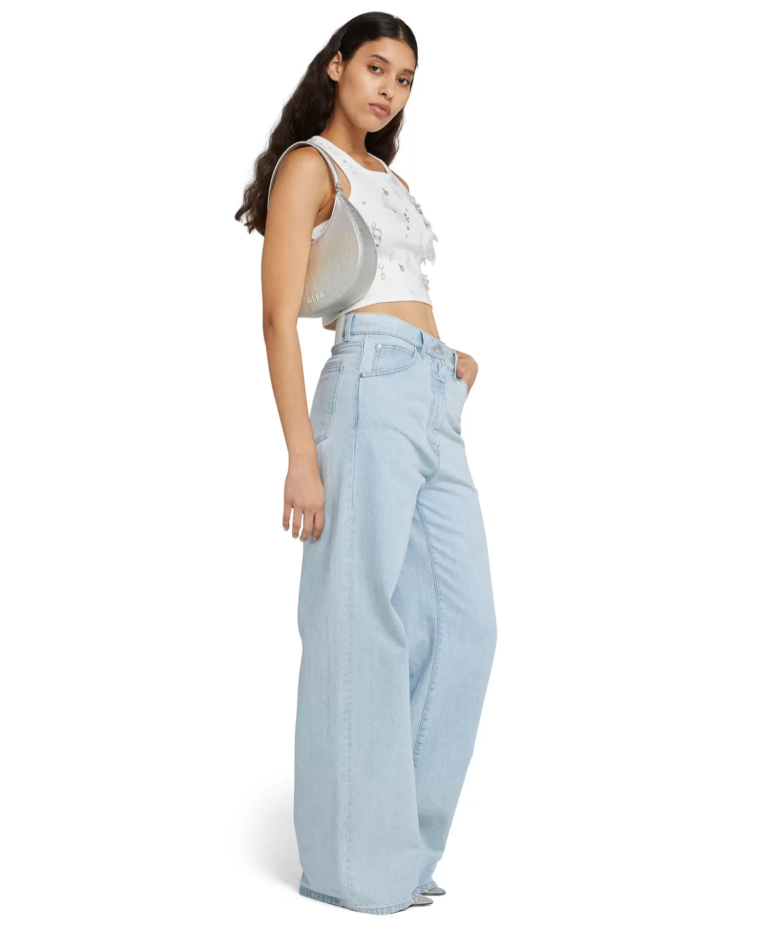Donna MSGM Canotta Crop In Cotone Con Dettagli Gioiello Applicati