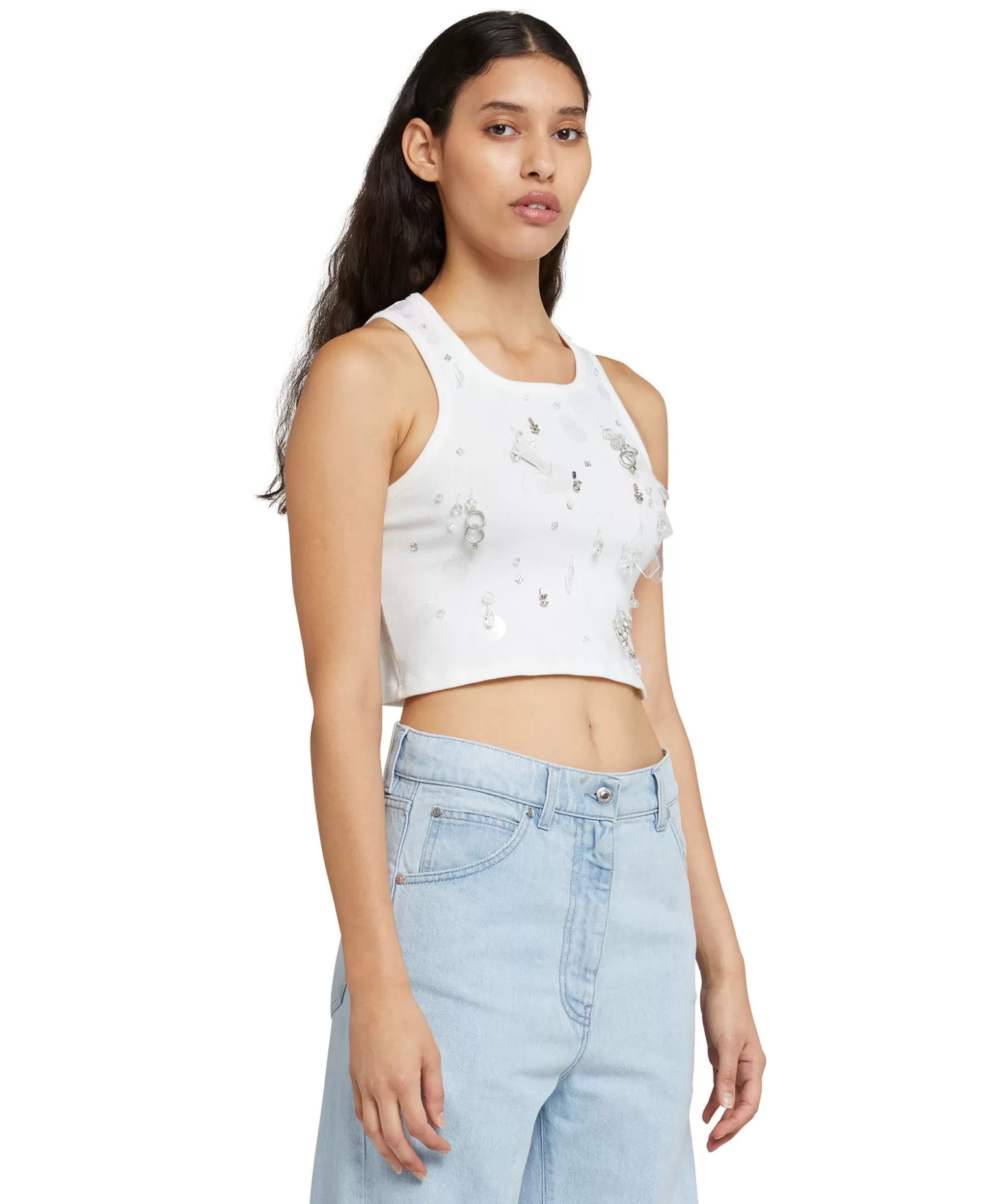 Donna MSGM Canotta Crop In Cotone Con Dettagli Gioiello Applicati