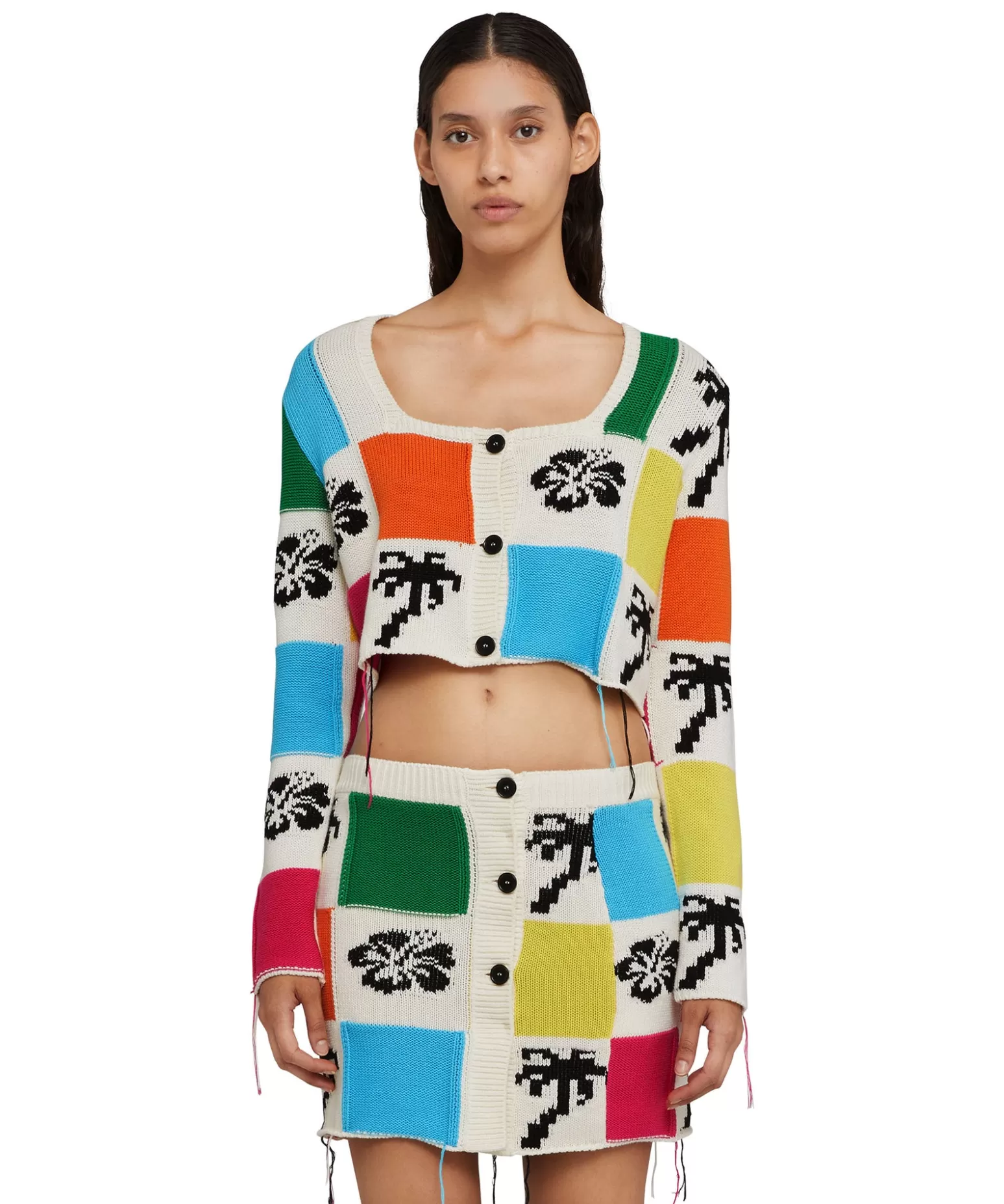 Donna MSGM Cardigan Crop In Maglia Patchwork Con Intarsi Di Hibiscus E Palme