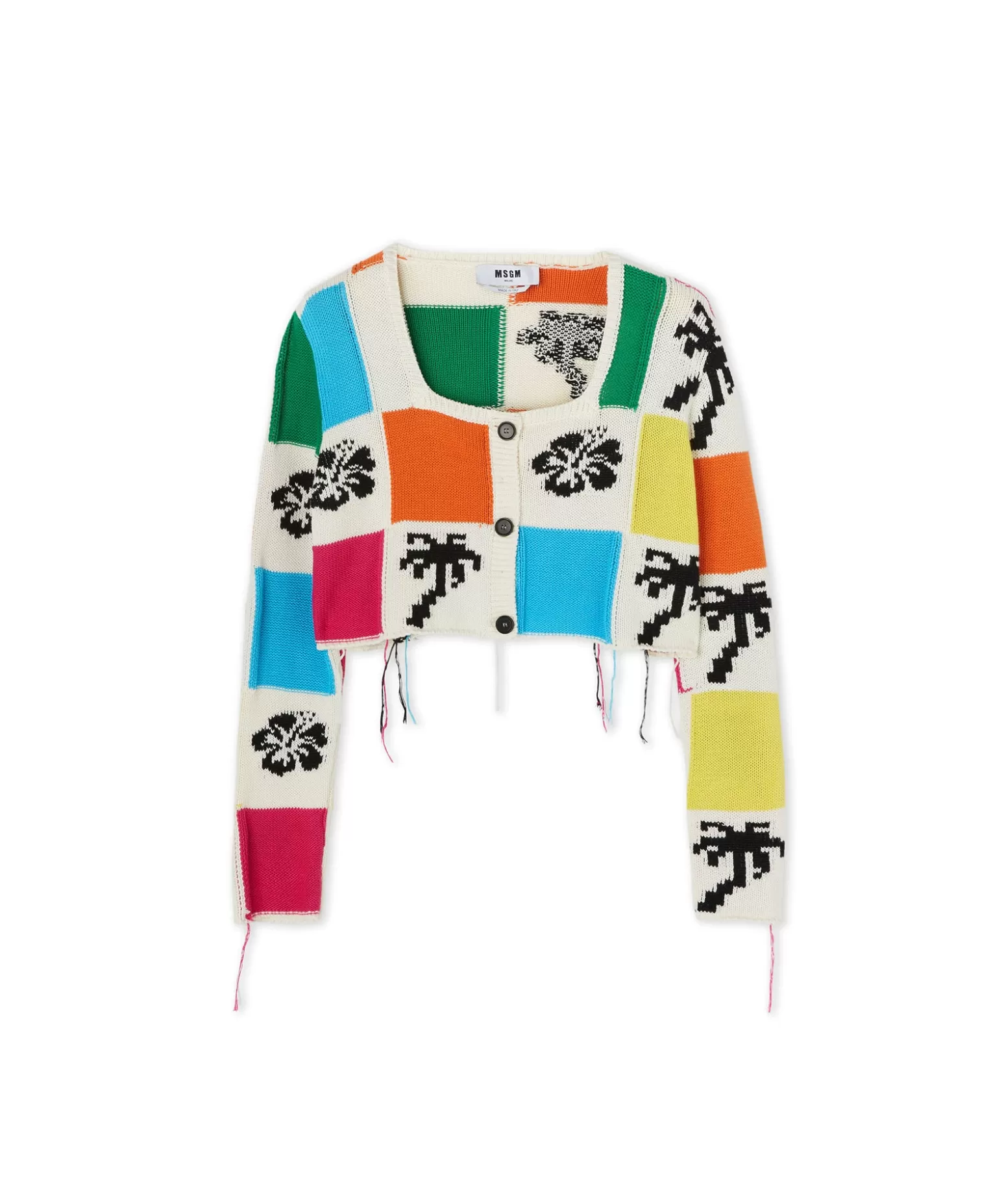 Donna MSGM Cardigan Crop In Maglia Patchwork Con Intarsi Di Hibiscus E Palme