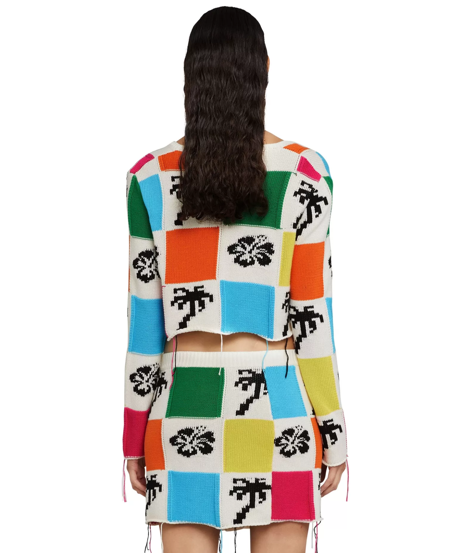 Donna MSGM Cardigan Crop In Maglia Patchwork Con Intarsi Di Hibiscus E Palme