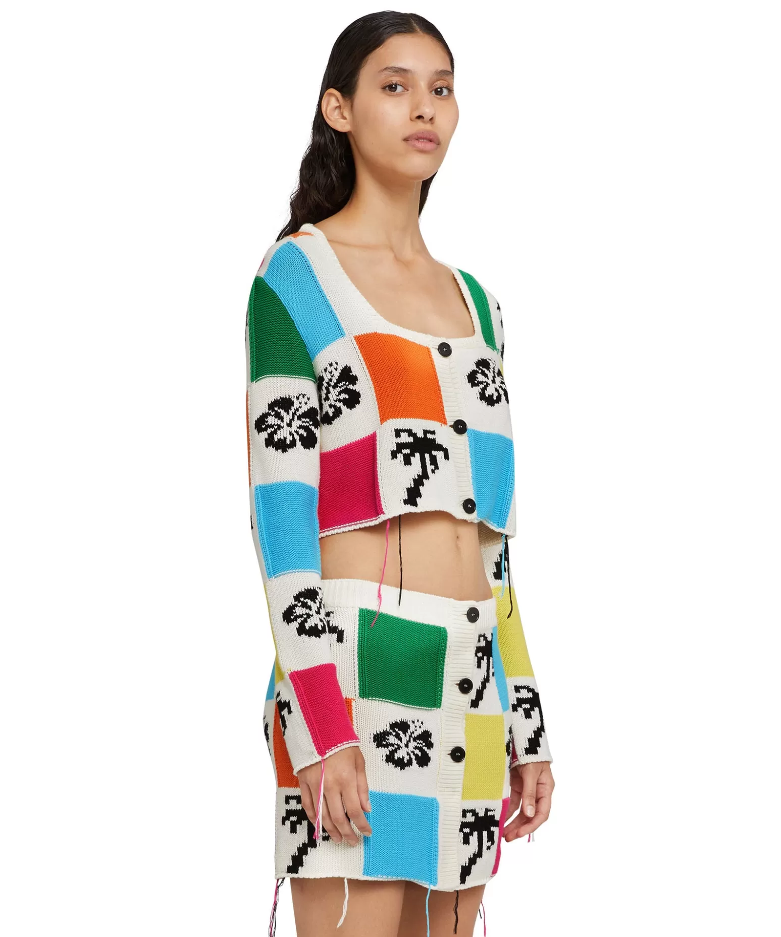 Donna MSGM Cardigan Crop In Maglia Patchwork Con Intarsi Di Hibiscus E Palme