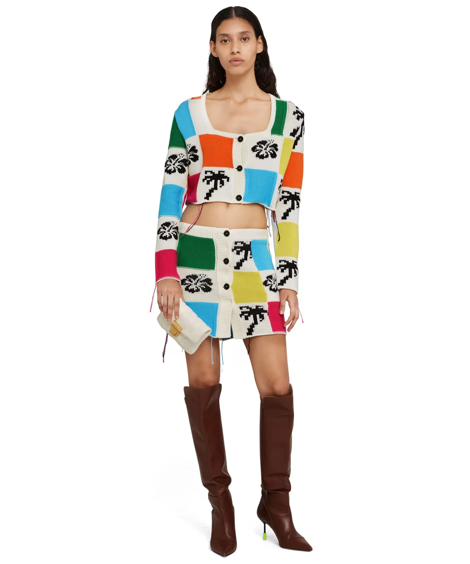 Donna MSGM Cardigan Crop In Maglia Patchwork Con Intarsi Di Hibiscus E Palme