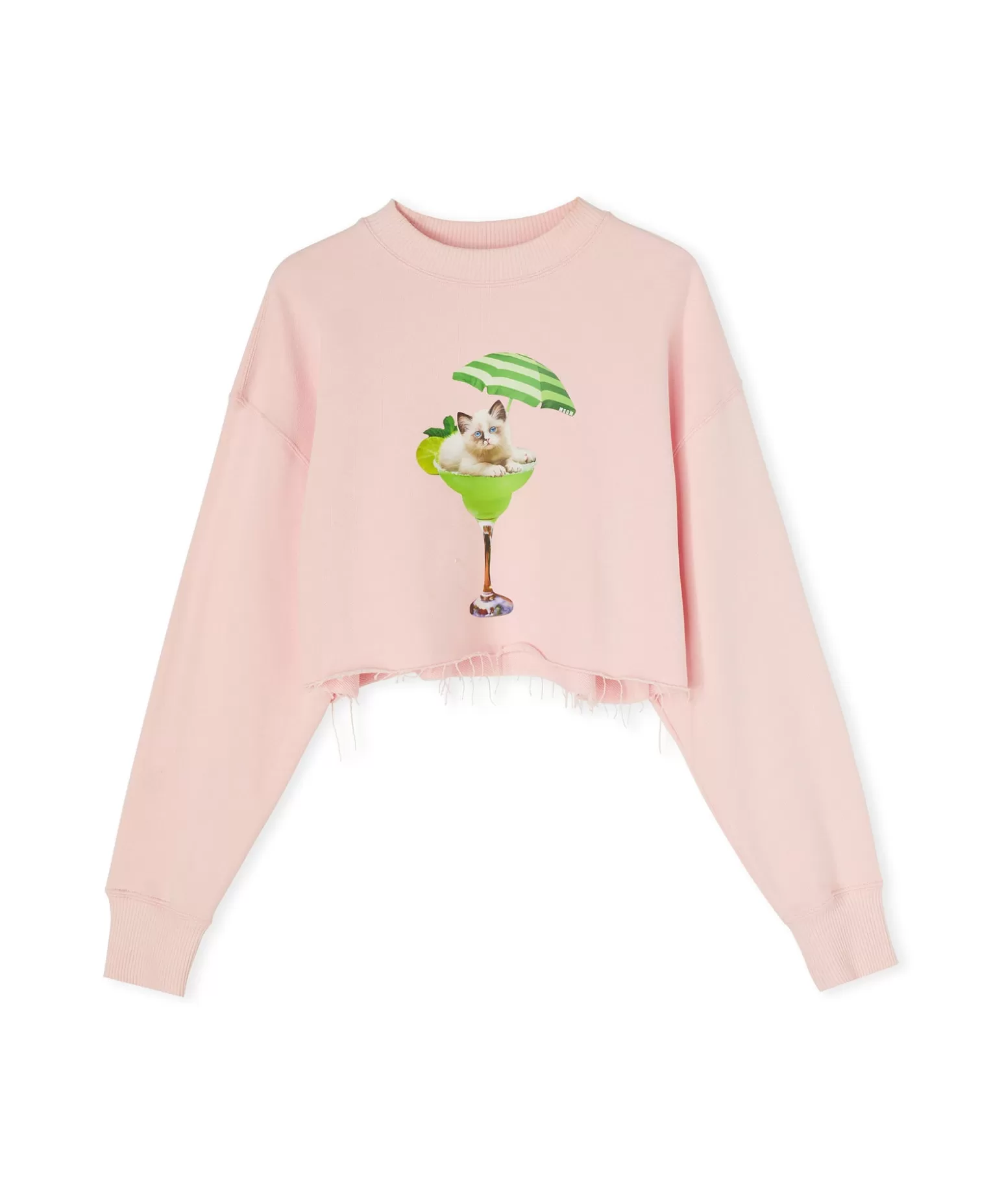 Donna MSGM Felpa Crop Girocollo In Cotone Con Grafica "Cocktail Cat"