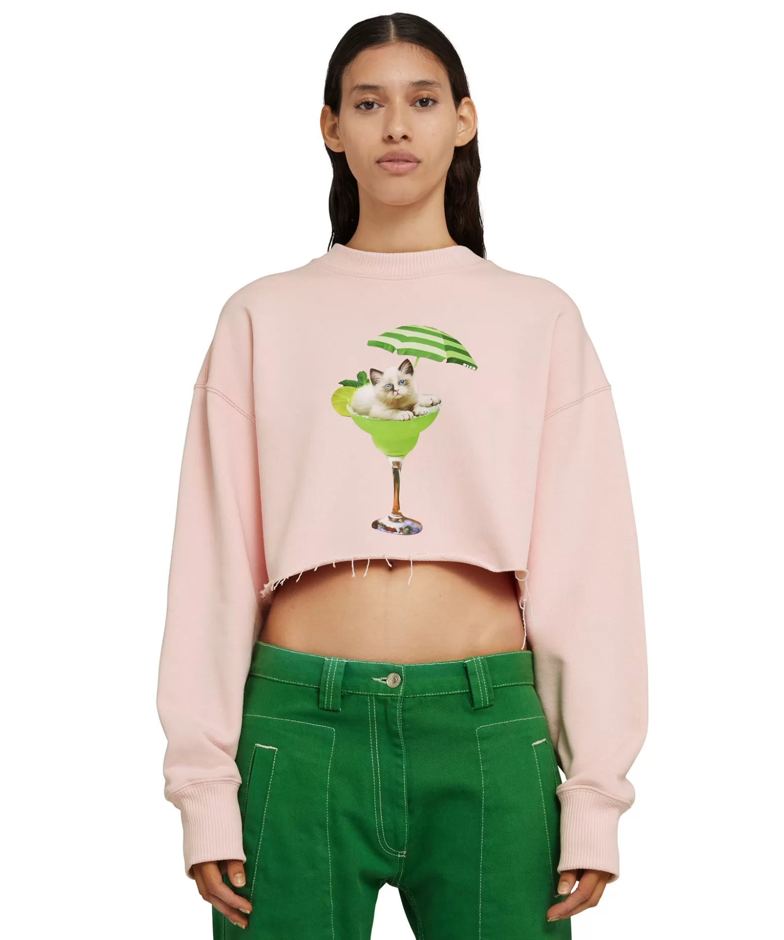 Donna MSGM Felpa Crop Girocollo In Cotone Con Grafica "Cocktail Cat"