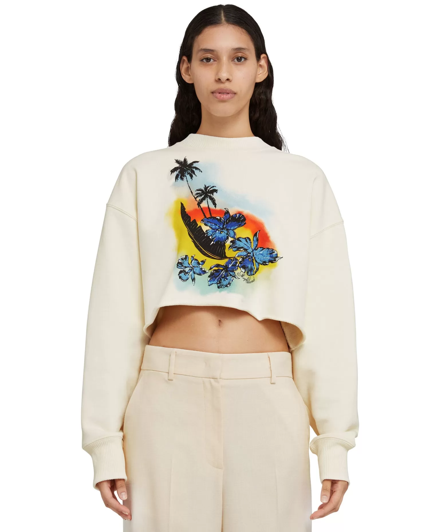 Donna MSGM Felpa Crop Girocollo In Cotone Tinta Unita Con Grafica " Sunset"