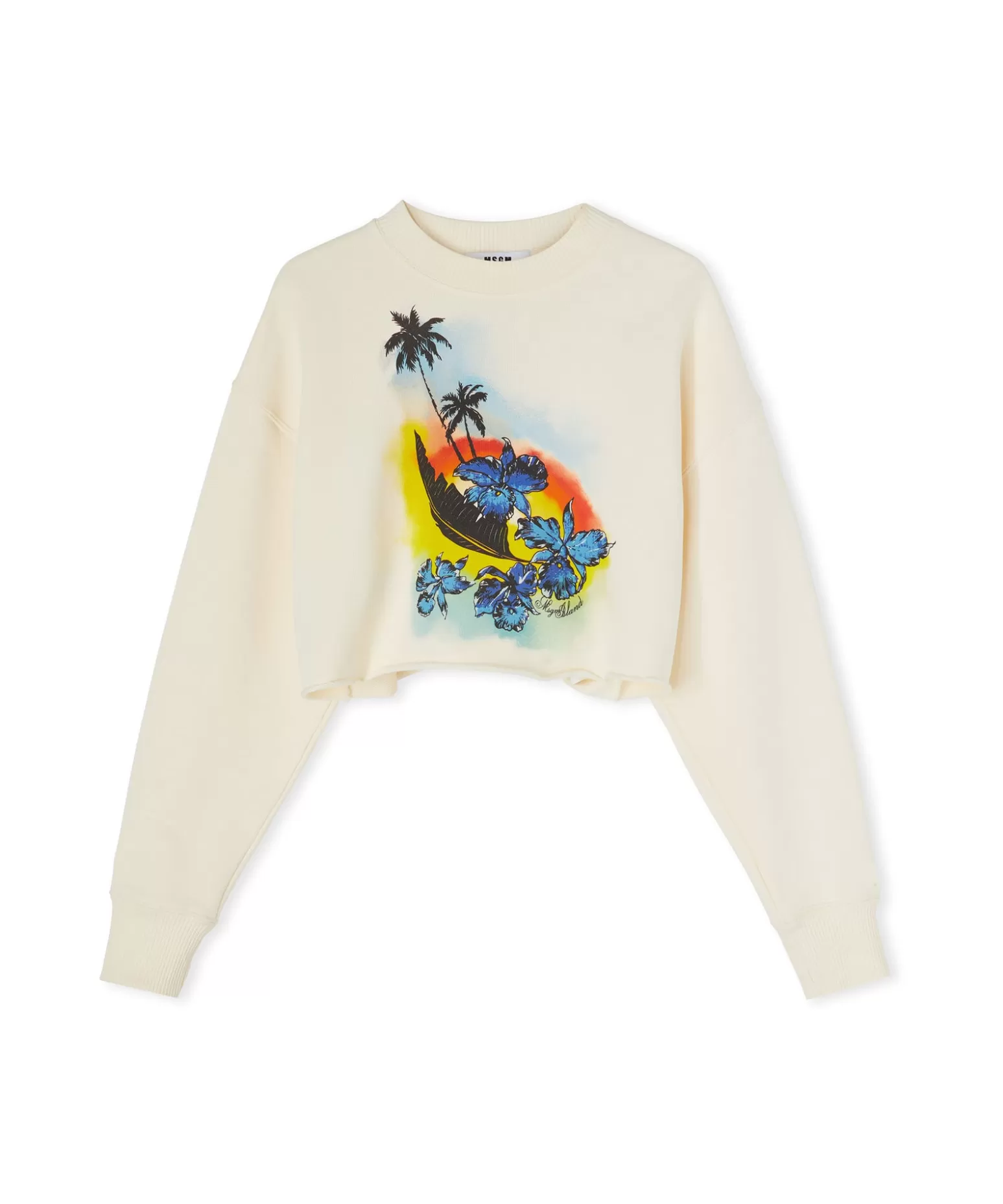 Donna MSGM Felpa Crop Girocollo In Cotone Tinta Unita Con Grafica " Sunset"