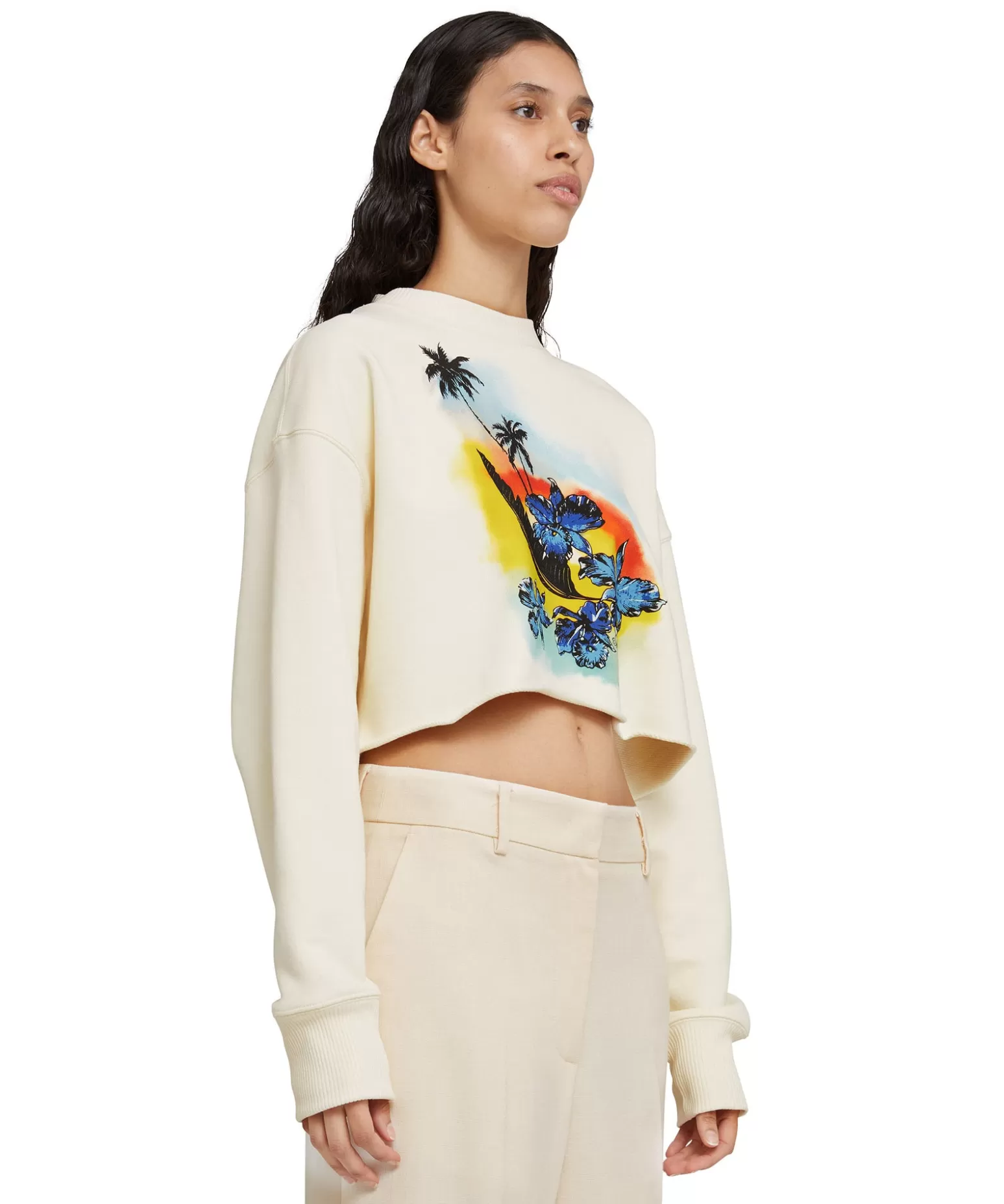 Donna MSGM Felpa Crop Girocollo In Cotone Tinta Unita Con Grafica " Sunset"