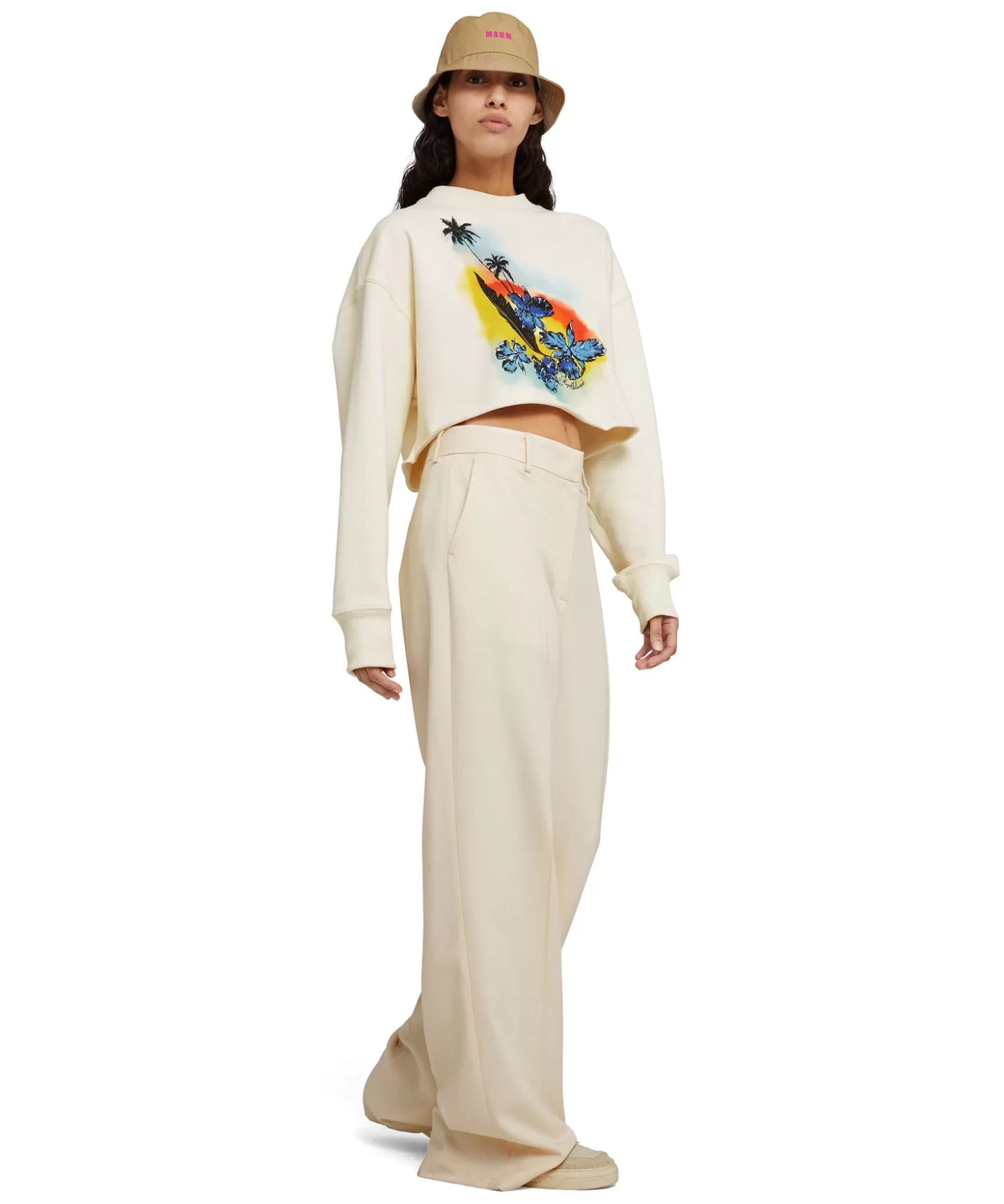 Donna MSGM Felpa Crop Girocollo In Cotone Tinta Unita Con Grafica " Sunset"