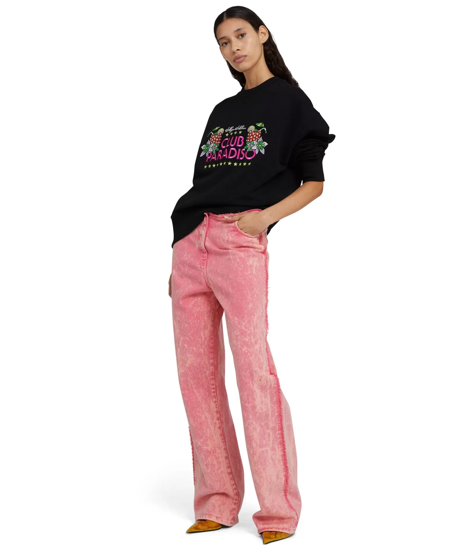 Donna MSGM Felpa Girocollo In Cotone Tinta Unita Con Grafica "Club Paradiso"