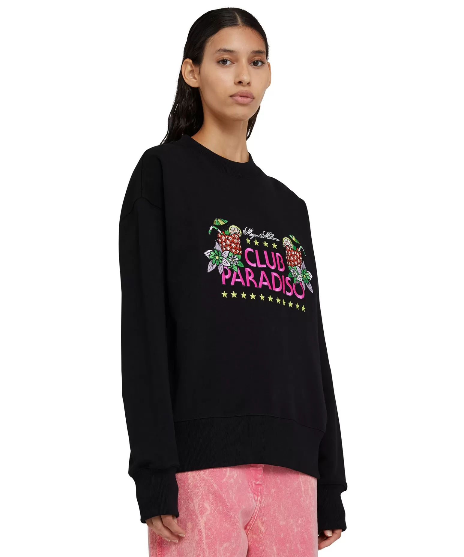 Donna MSGM Felpa Girocollo In Cotone Tinta Unita Con Grafica "Club Paradiso"