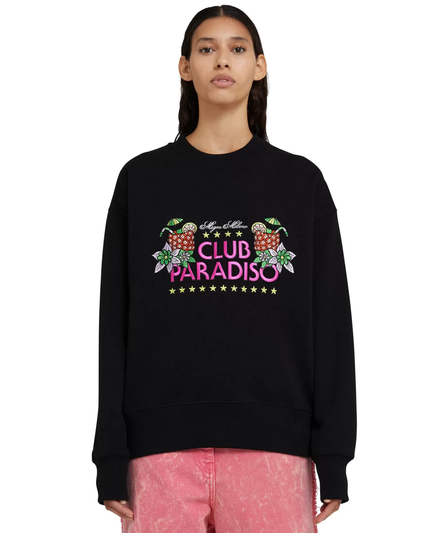 Donna MSGM Felpa Girocollo In Cotone Tinta Unita Con Grafica "Club Paradiso"