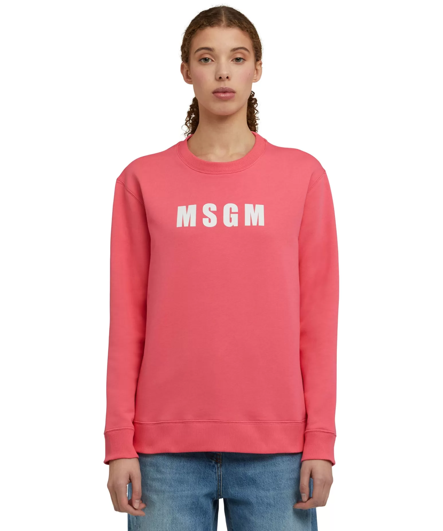 Donna MSGM Felpa Girocollo In Cotone Tinta Unita Con Logo