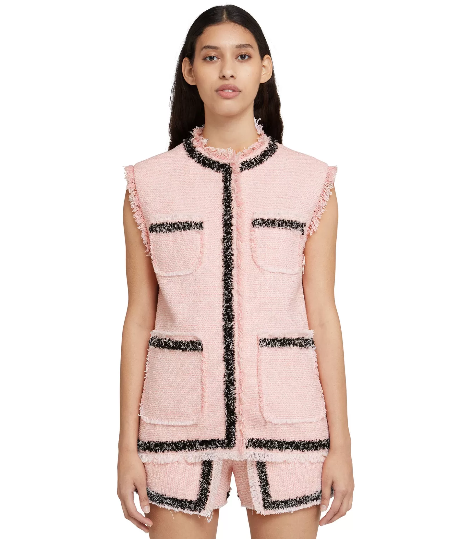 Donna MSGM Gilet In Cotone Tweed Con Bordo Trimmed