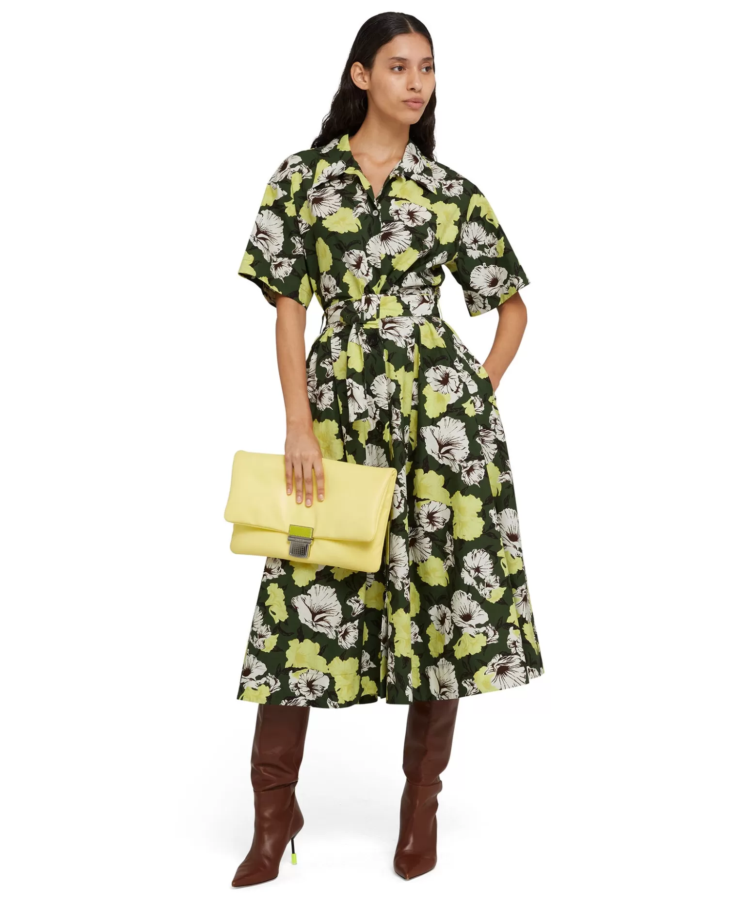 Donna MSGM Gonna Midi A Ruota In Cotone Popeline Con Fantasia "Camo Hibiscus"