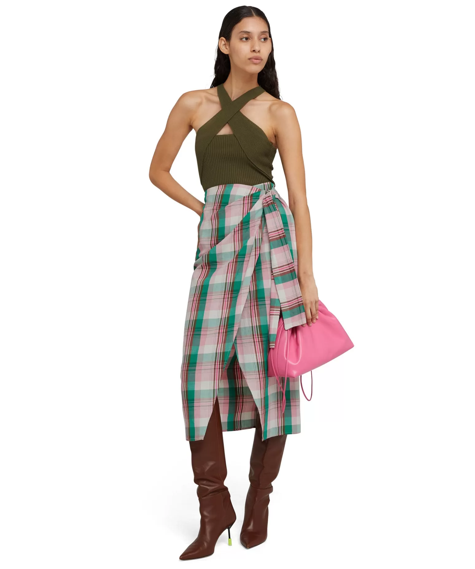 Donna MSGM Gonna Midi In Lino Madras Con Design A Portafoglio