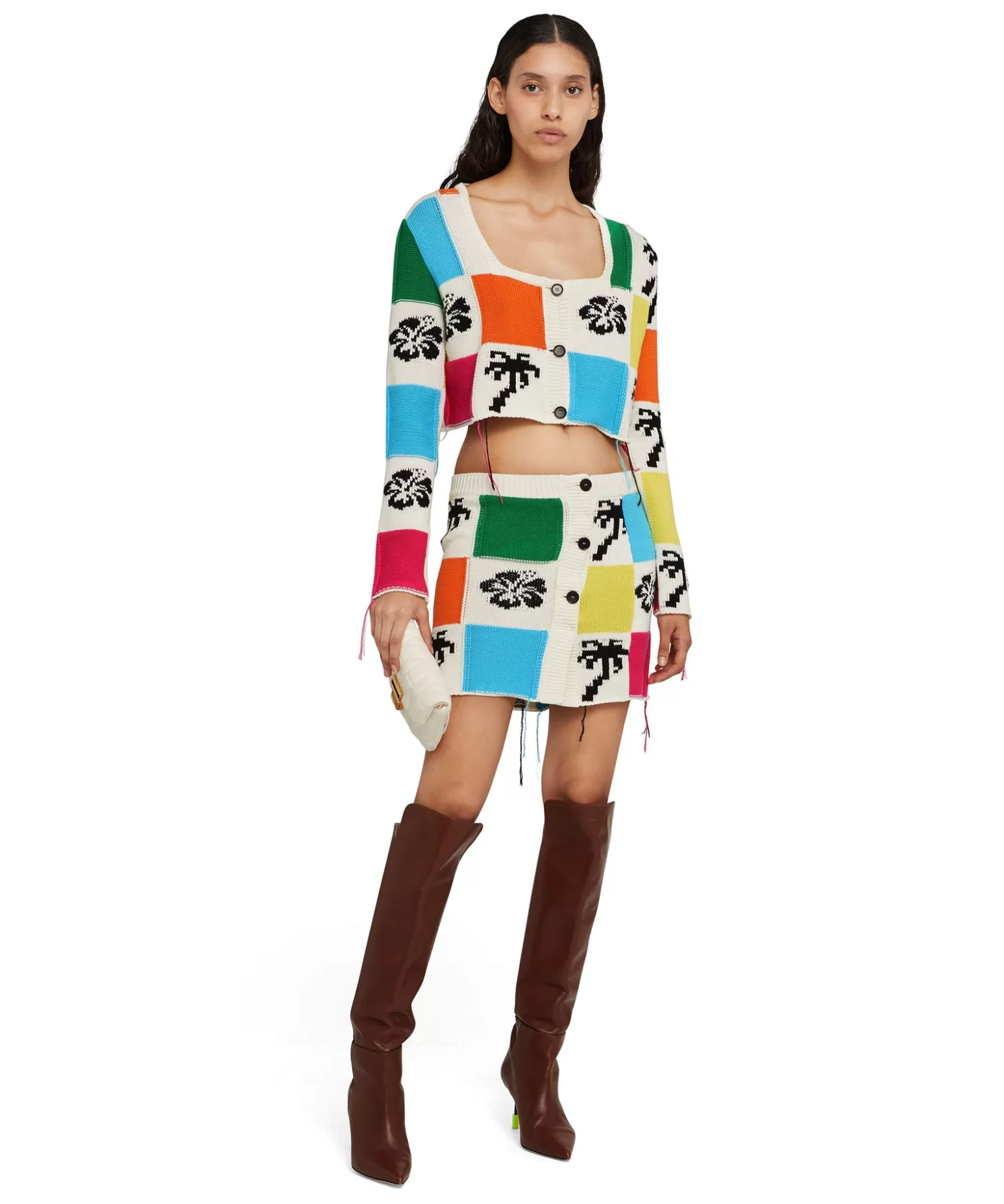 Donna MSGM Gonna Mini In Maglia Patchwork Con Intarsi Di Hibiscus E Palme