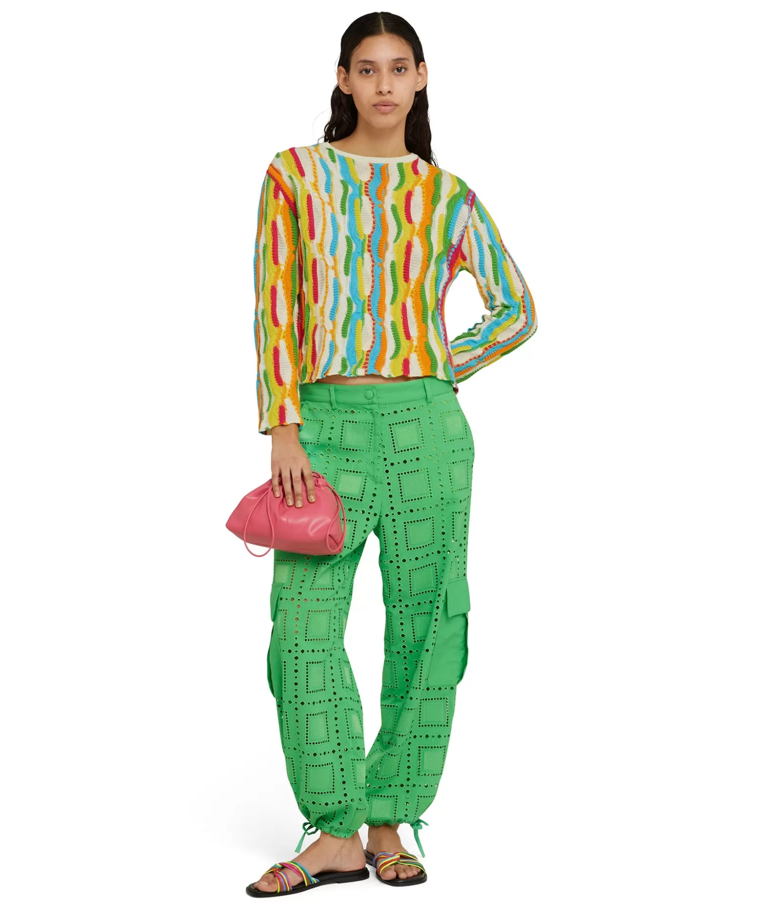 Donna MSGM Maglione Girocollo In Maglia Di Cotone Con Rouches Multicolor