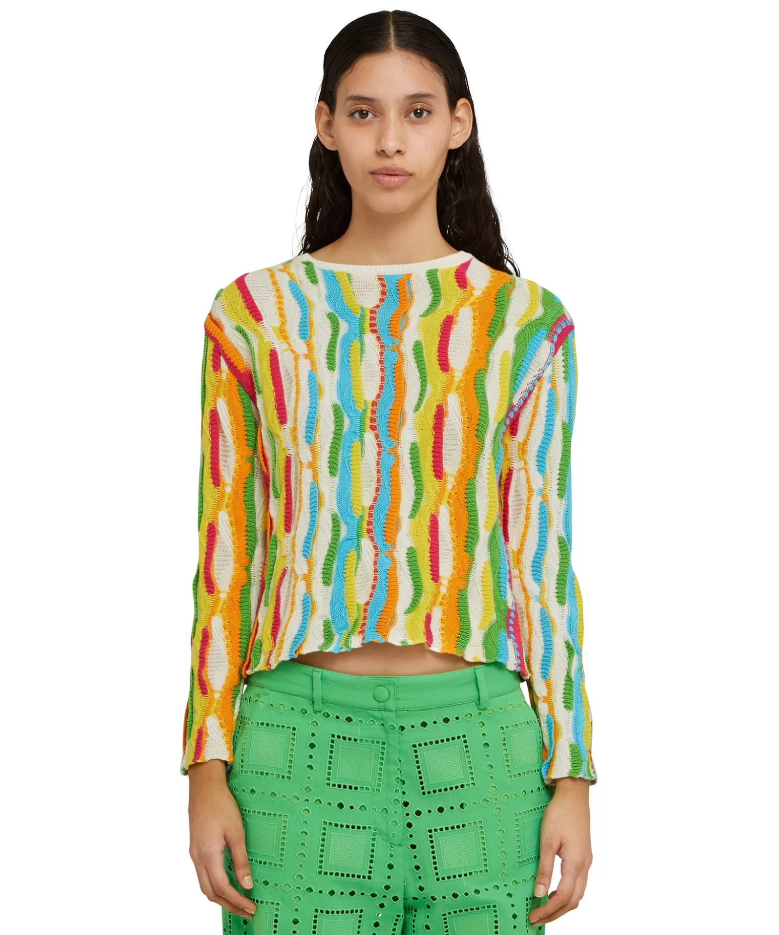 Donna MSGM Maglione Girocollo In Maglia Di Cotone Con Rouches Multicolor