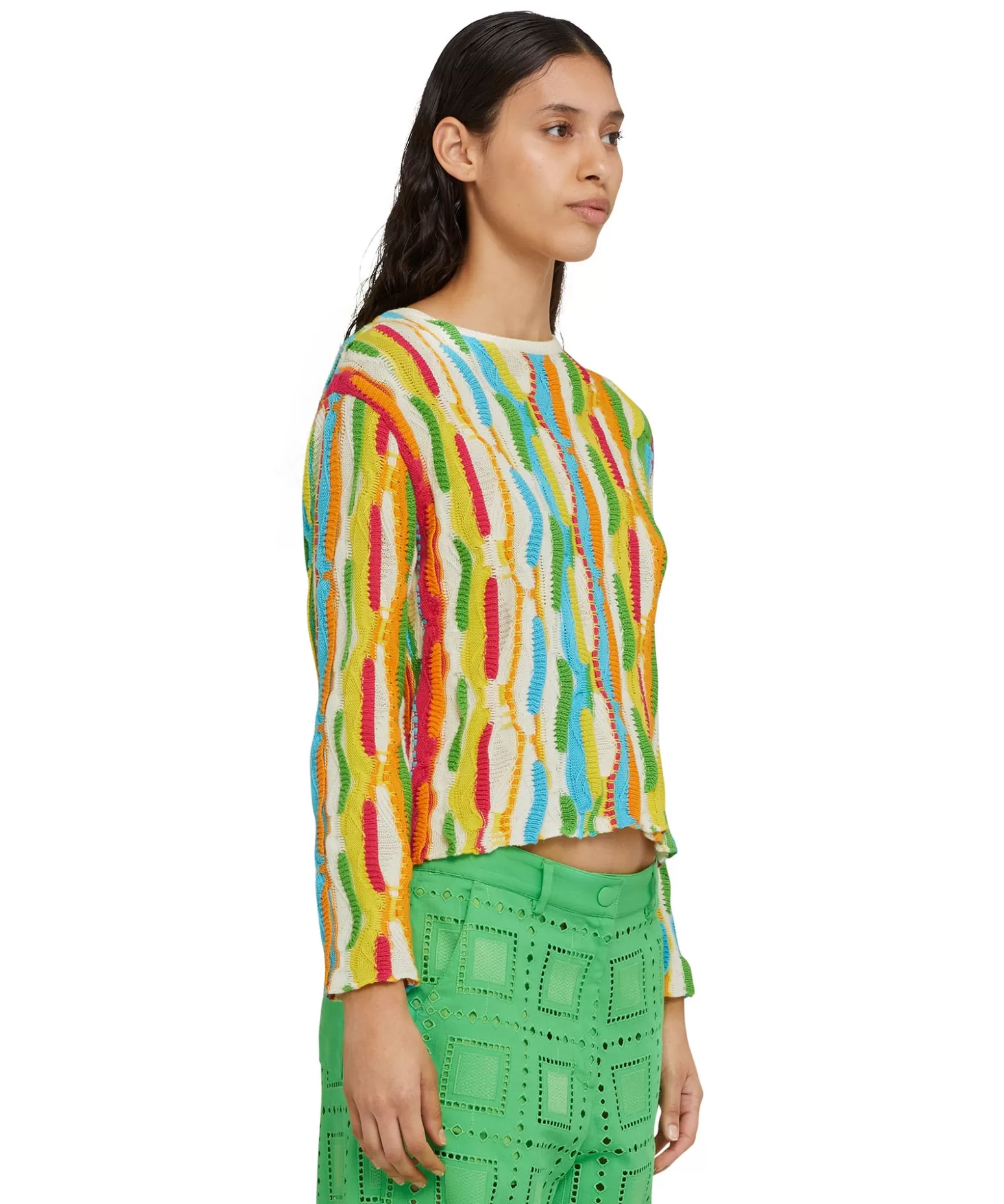 Donna MSGM Maglione Girocollo In Maglia Di Cotone Con Rouches Multicolor