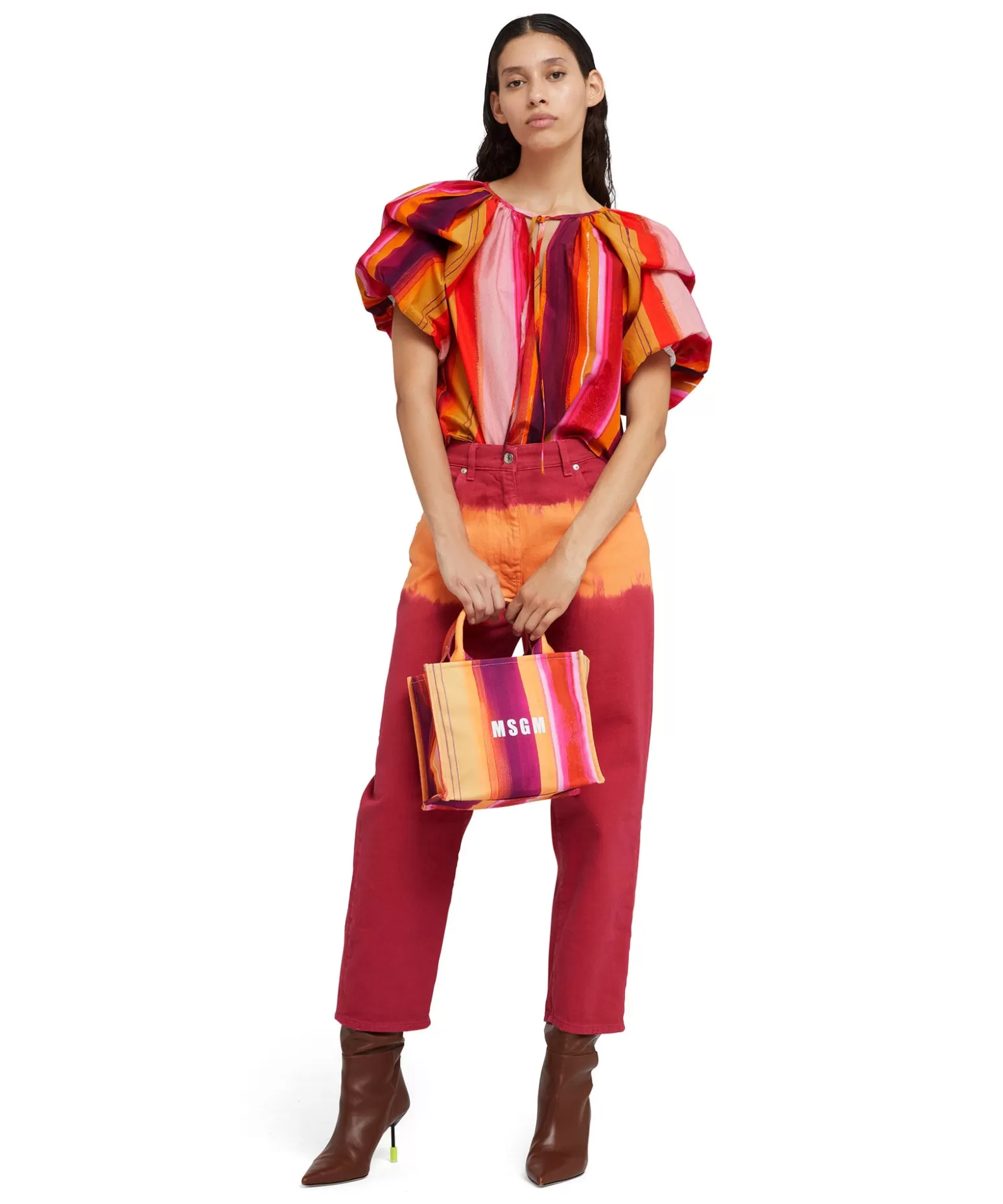 Donna MSGM Mini Tote Bag In Cotone "Brushed Stripes" Con Logo