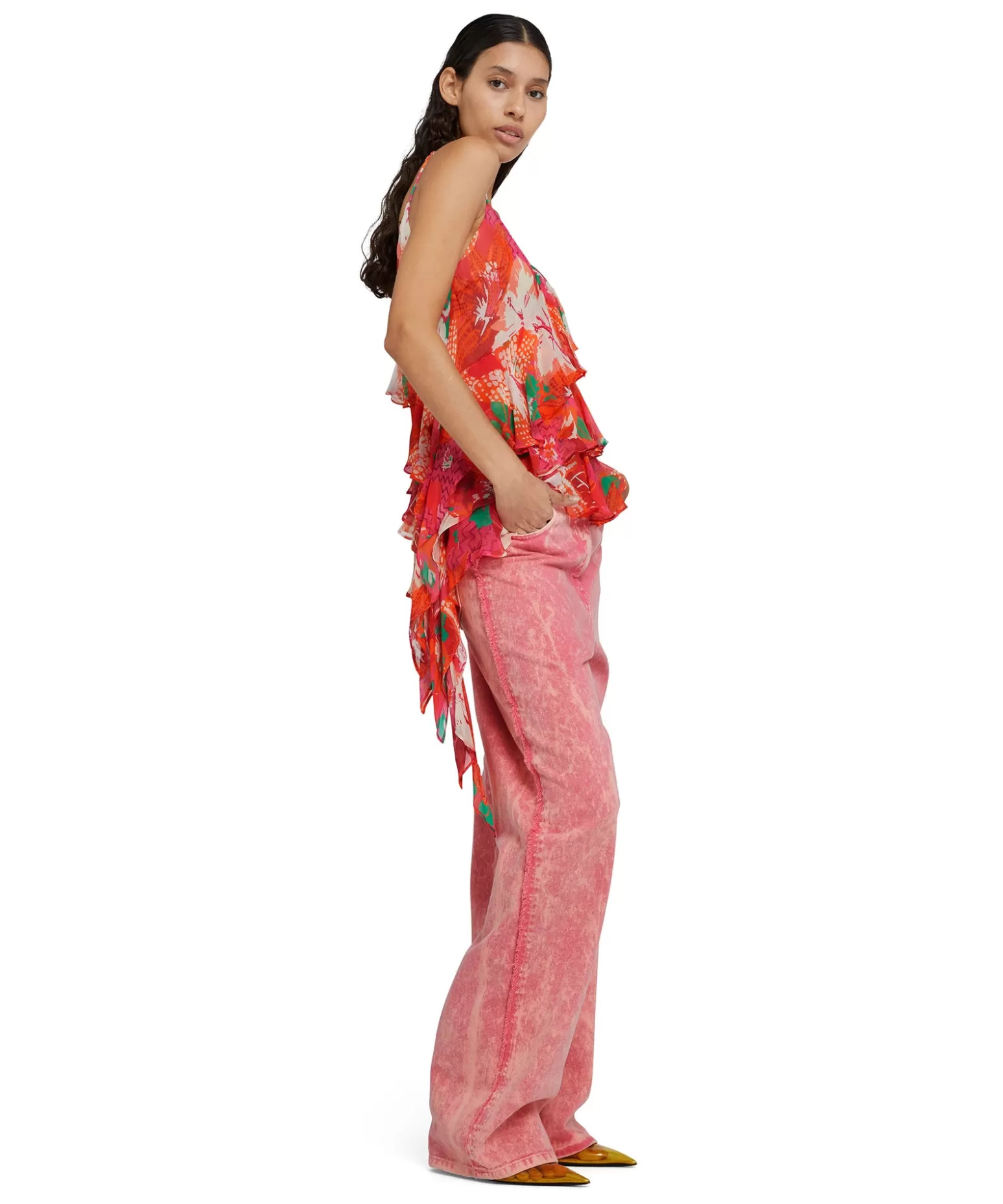Donna MSGM Top Assimetrico Con Balze Applicate In Viscosa Crepon Con Stampa "Tropico"