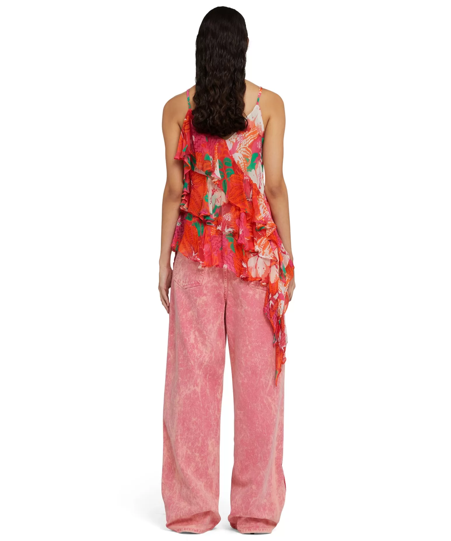 Donna MSGM Top Assimetrico Con Balze Applicate In Viscosa Crepon Con Stampa "Tropico"