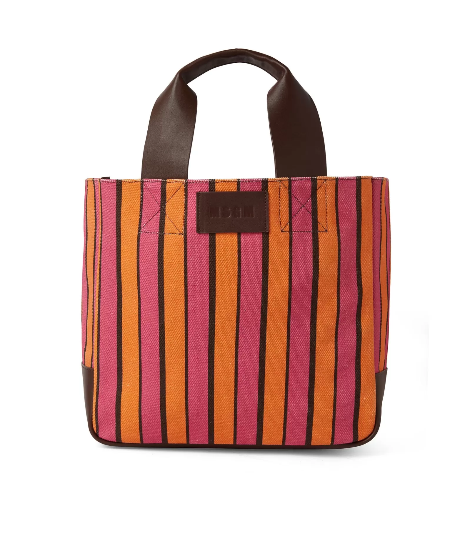 Donna MSGM Tote Bag In Cotone A Righe Con Manici In Pelle