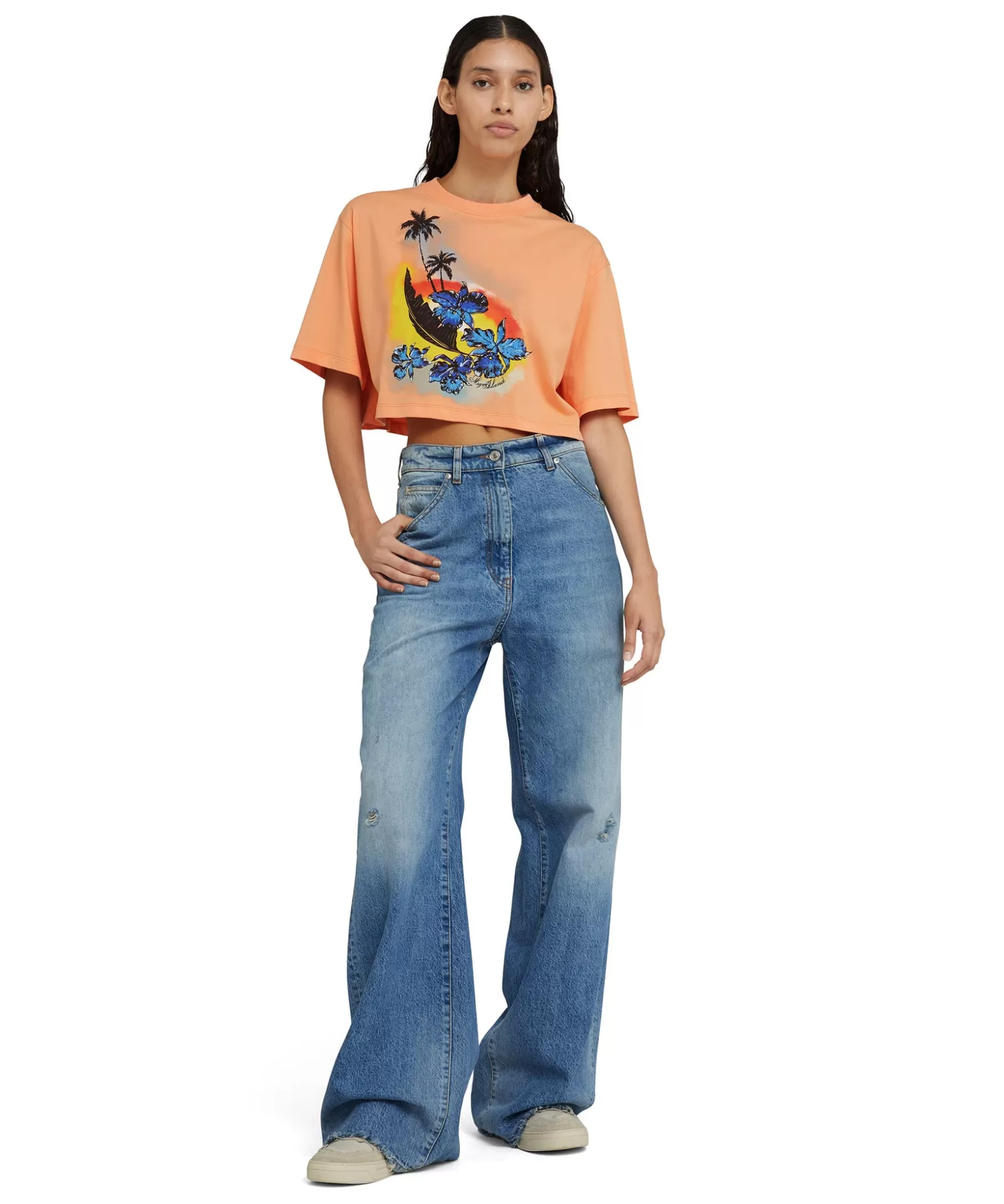 Donna MSGM T-Shirt Crop Girocollo In Cotone Tinta Unita Con Grafica " Sunset"