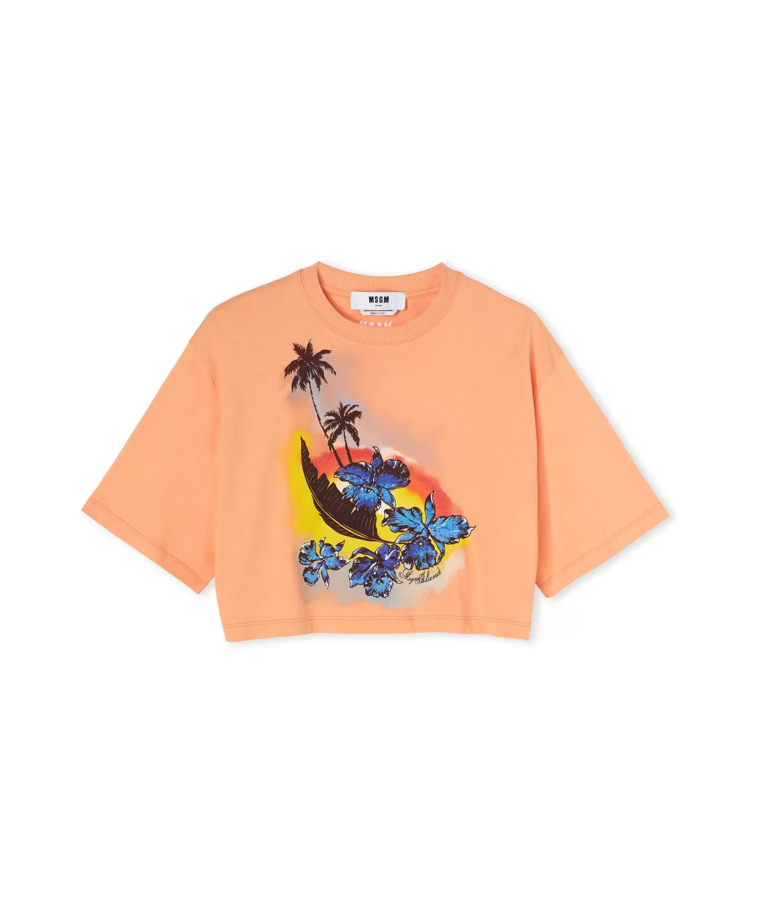 Donna MSGM T-Shirt Crop Girocollo In Cotone Tinta Unita Con Grafica " Sunset"