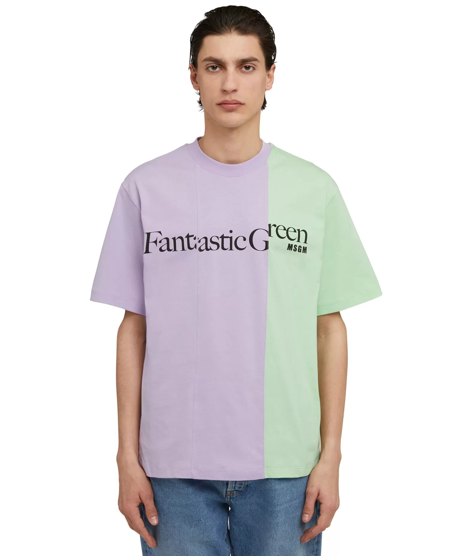 Donna MSGM T-Shirt Girocollo Bicolore In Cotone Organico Della Capsule Fantastic Green